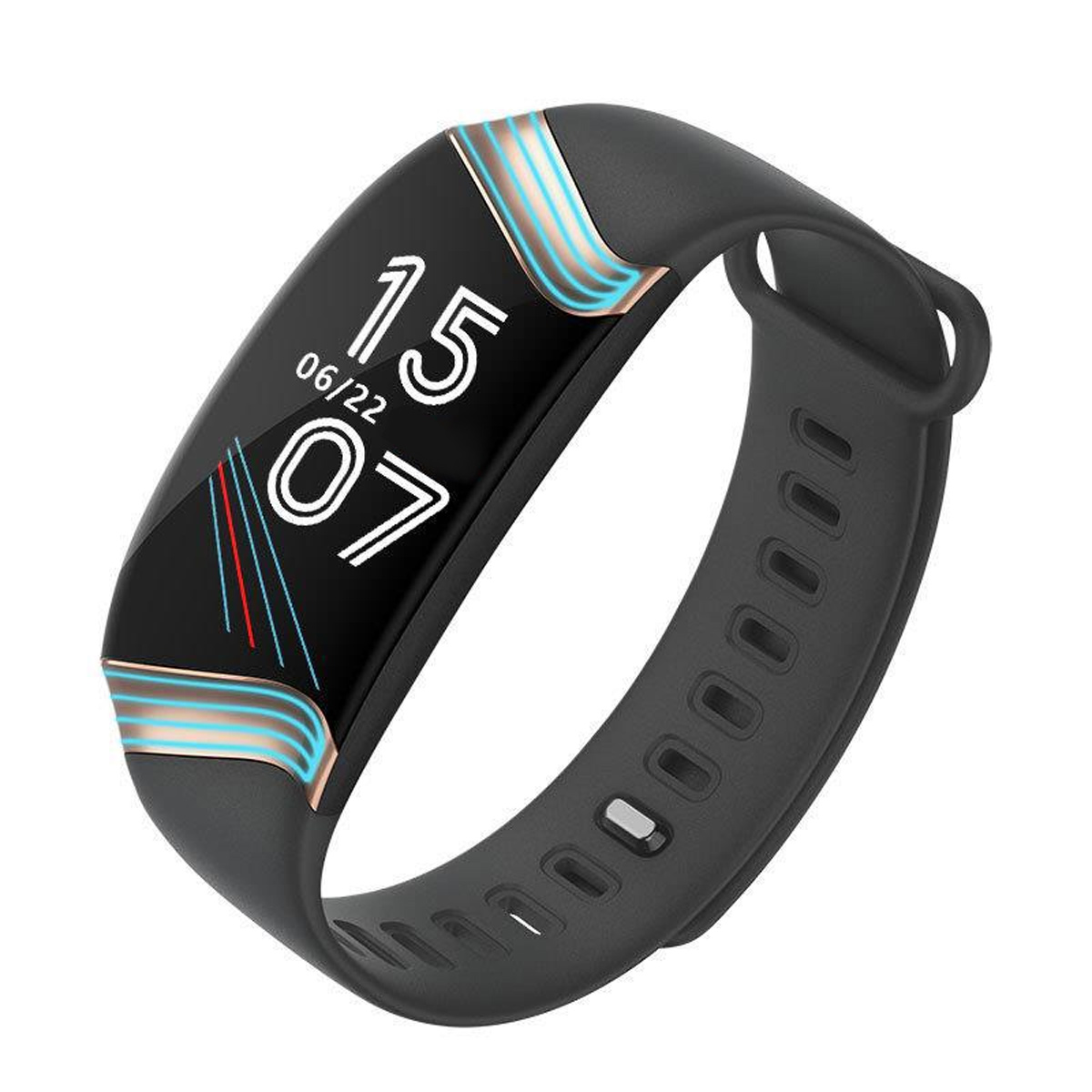 Schwarze Smartwatch, die Zeit und Datum anzeigt. Sie hat ein schwarzes Armband mit mehreren Löchern.
