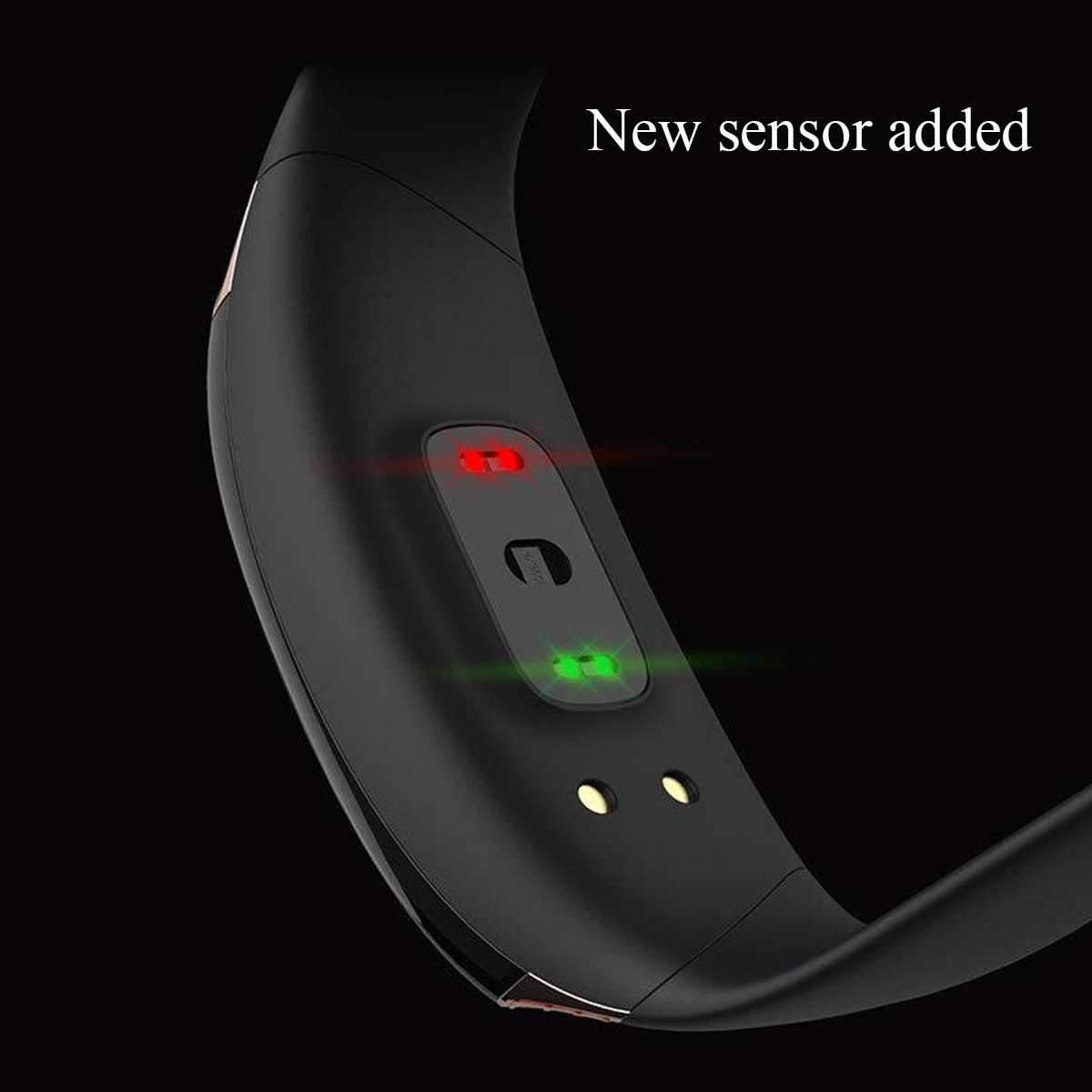 Schwarzer Fitnesstracker mit roten und grünen Lichtern. Text: Neuer Sensor hinzugefügt. Schwarzer Hintergrund.