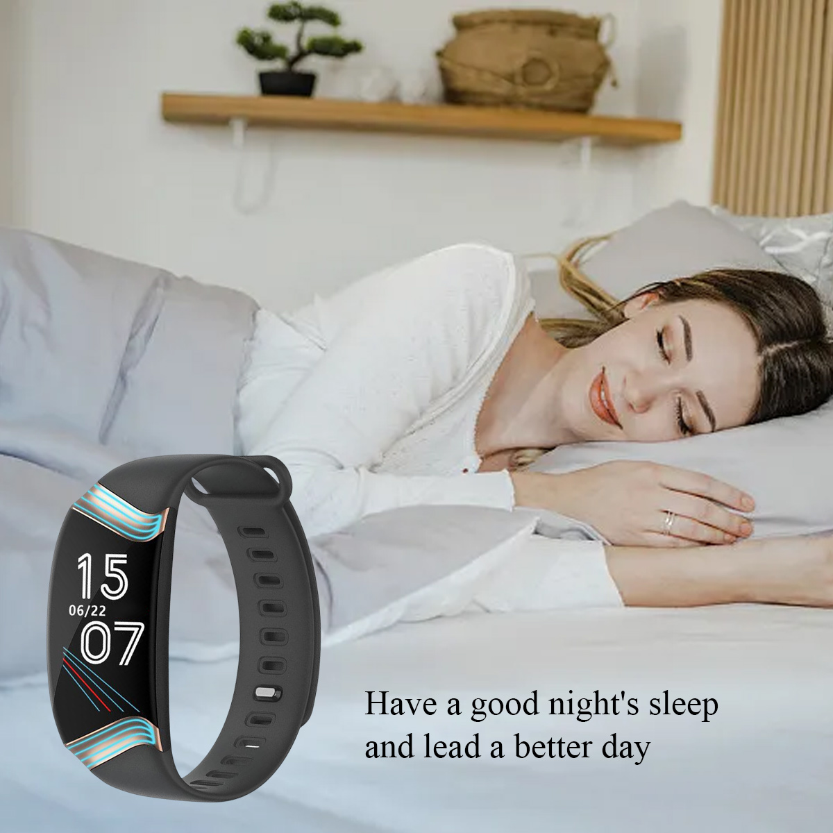 Eine schlafende Frau neben einem Fitnesstracker. Text: Gute Nacht und einen besseren Tag.