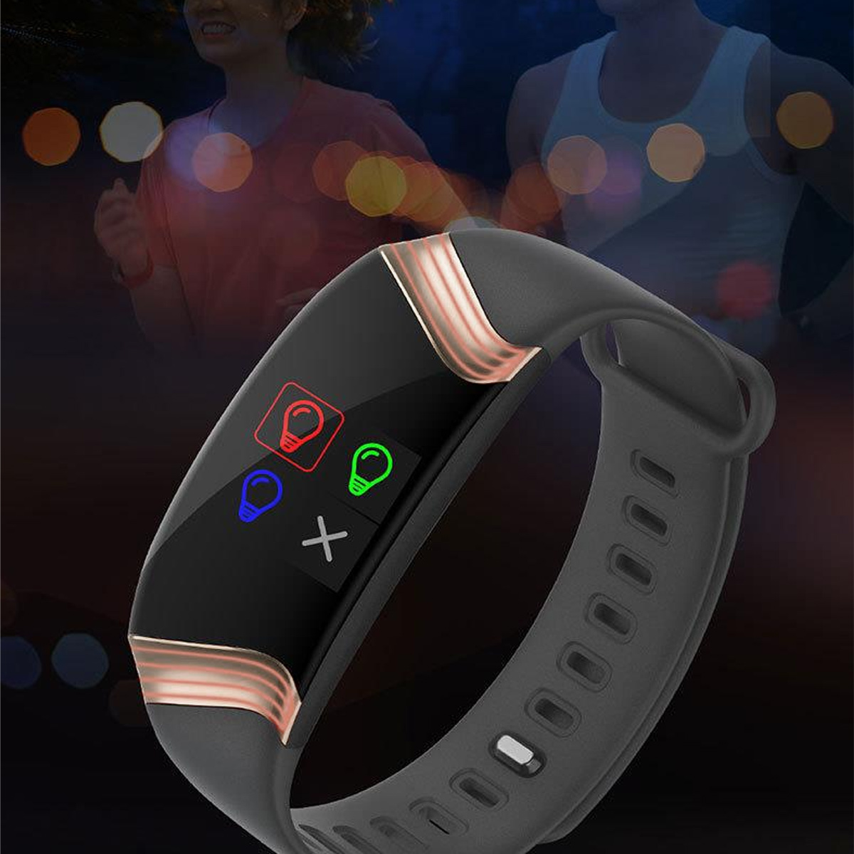 Schwarzer Fitnesstracker mit einem Bildschirm. Der Bildschirm zeigt drei Lichtsymbole und ein Pluszeichen.