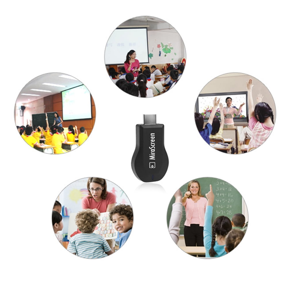 Schwarzer MiraScreen-Dongle, umgeben von Bildern von Personen, die ihn zum Präsentieren verwenden.