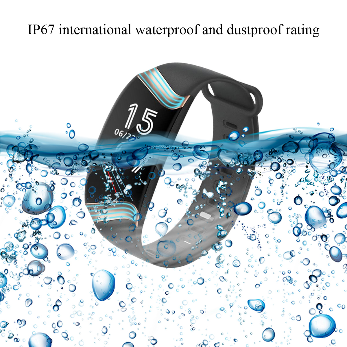 Schwarzer Fitnesstracker in Wasser mit blauen Blasen, zeigt Zeit und Datum.