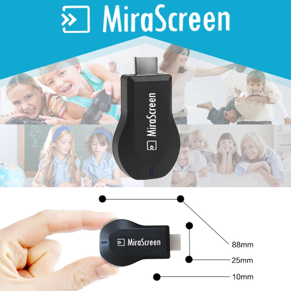 Schwarzes MiraScreen-Gerät mit Abmessungen und Familie im Hintergrund. Oben: MiraScreen-Logo.