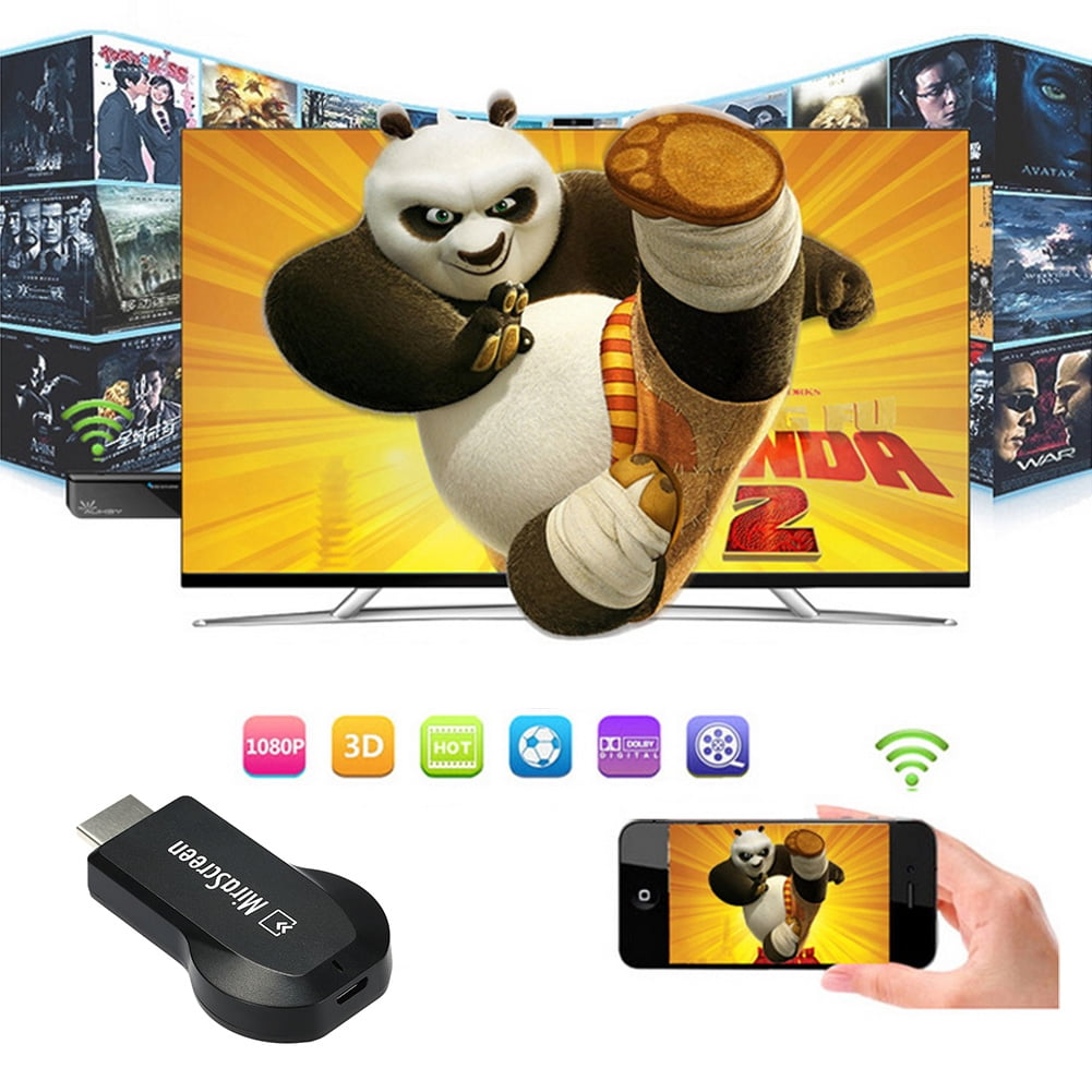 Ein Fernseher zeigt einen Film, mit unterstützenden Symbolen. Ein schwarzes Mirascreen-Gerät und ein Telefon, das denselben Film anzeigt.
