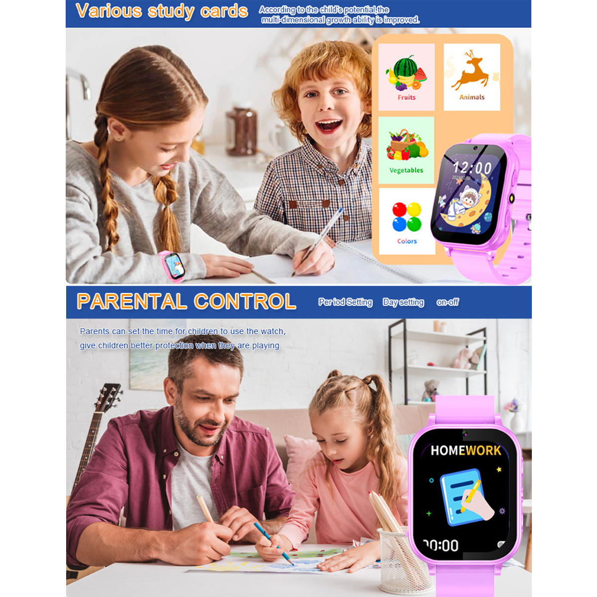 Zwei Bilder von Kindern, die eine Smartwatch benutzen. Die Smartwatch zeigt Hausaufgaben an. Verschiedene Lernkarten sind vorhanden.