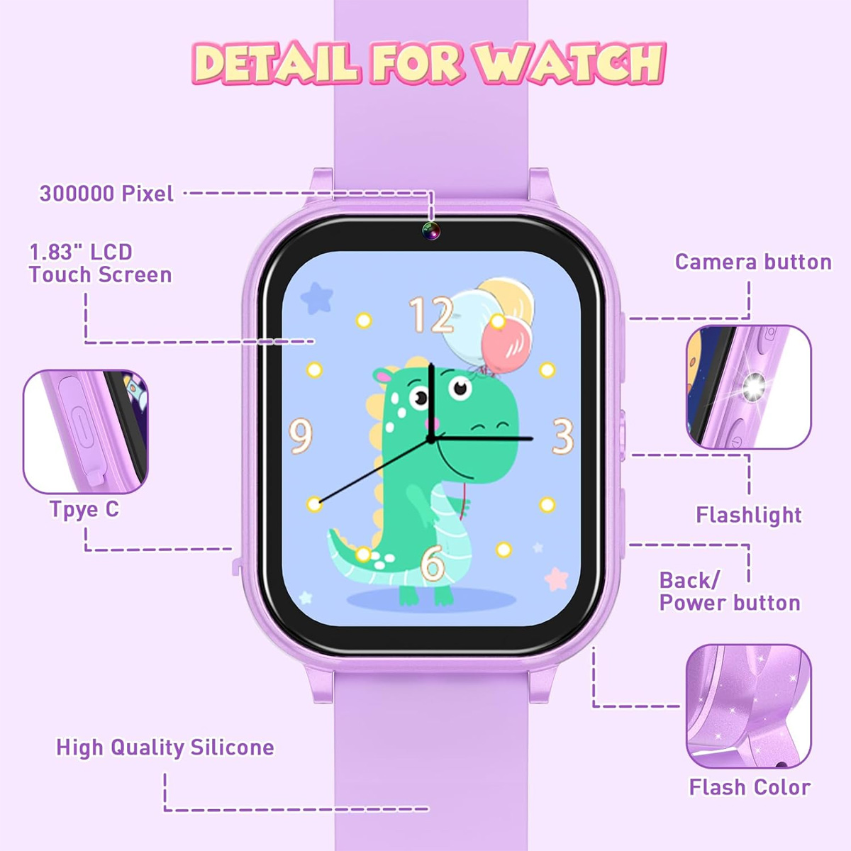 Eine lila Kinder-Smartwatch mit einem Dinosaurier auf dem Bildschirm und verschiedenen Funktionen.