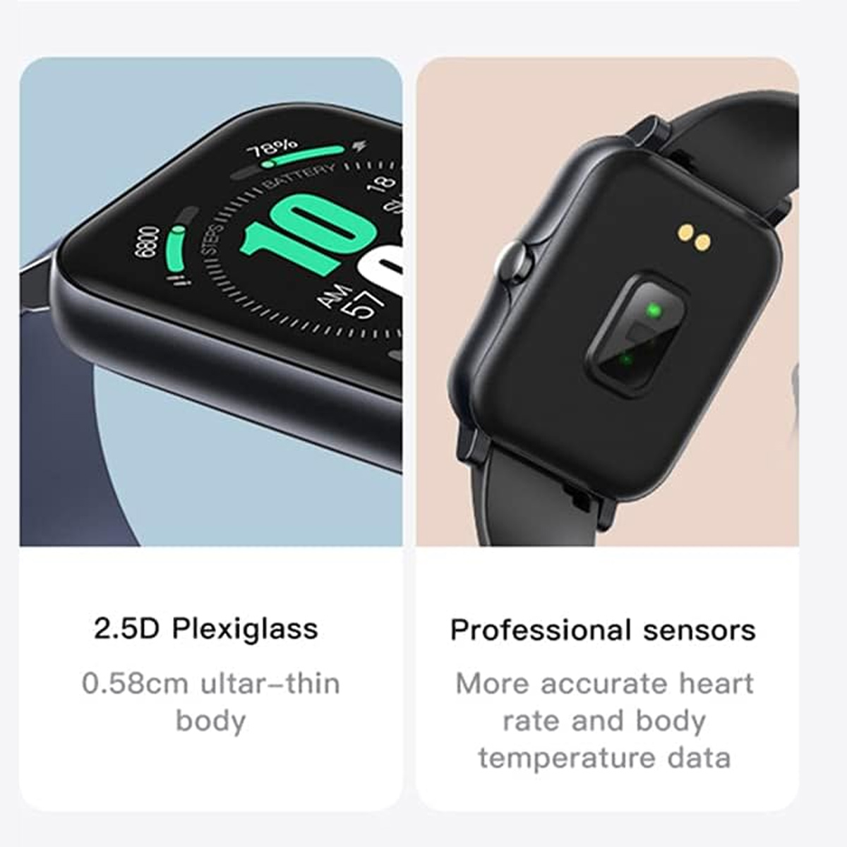 Zwei Smartwatches mit Anzeigeinformationen. Eine ist schwarz, die andere hat Sensoren.