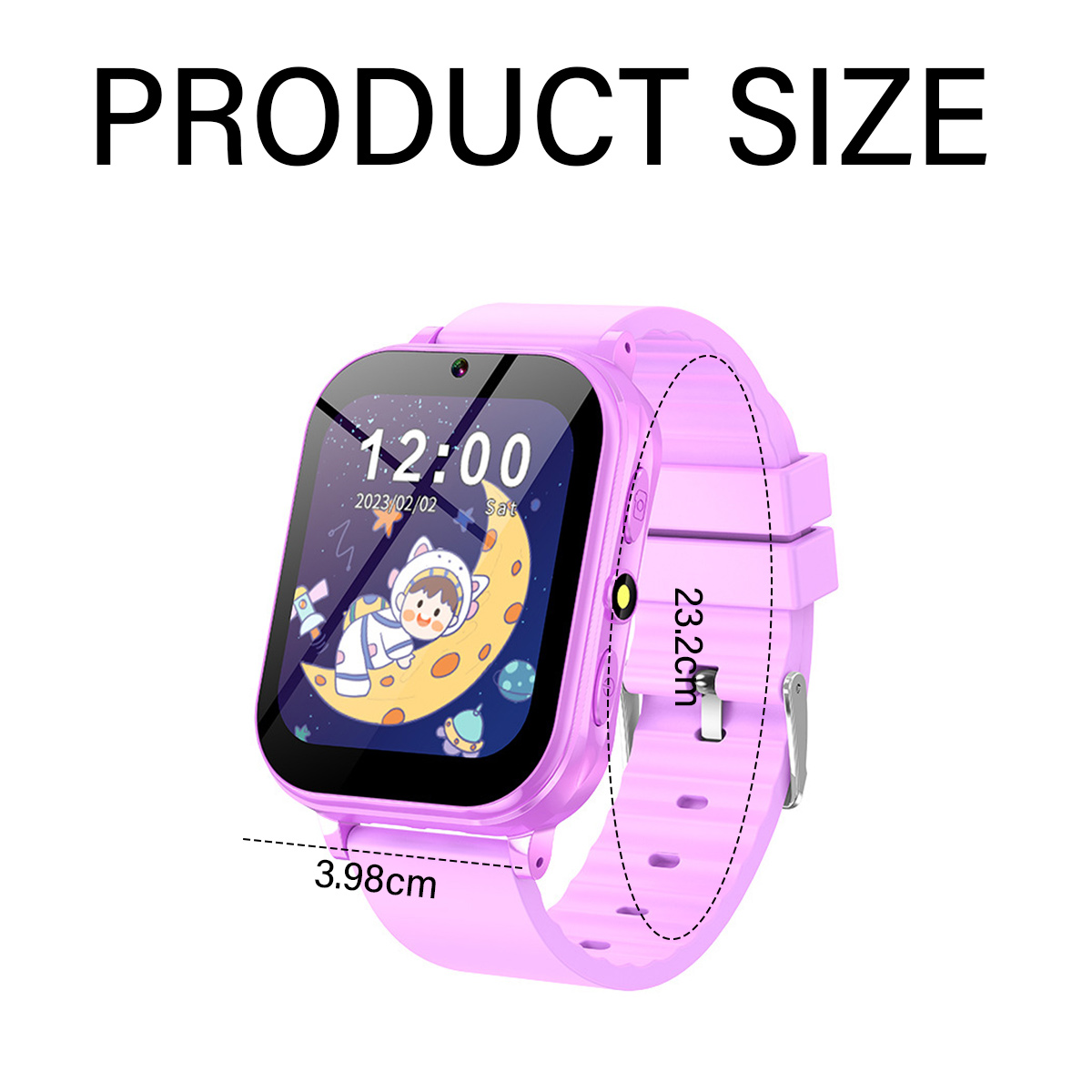Lila Smartwatch mit Bildschirm, der Zeit und Mondgrafik anzeigt, mit angegebenen Maßen.