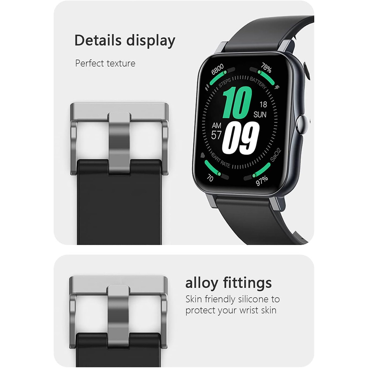 Nahaufnahme einer Smartwatch und Armbanddetails. Merkmale: Ziffernblatt und Schnalle.