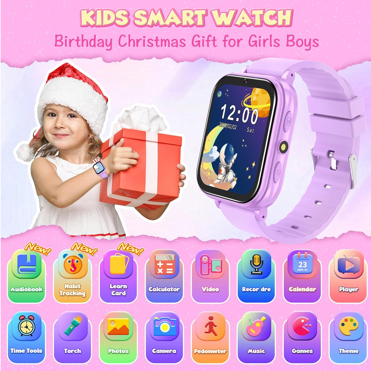 Mädchen mit Weihnachtsmütze, hält Geschenk und Smartwatch mit Icons.