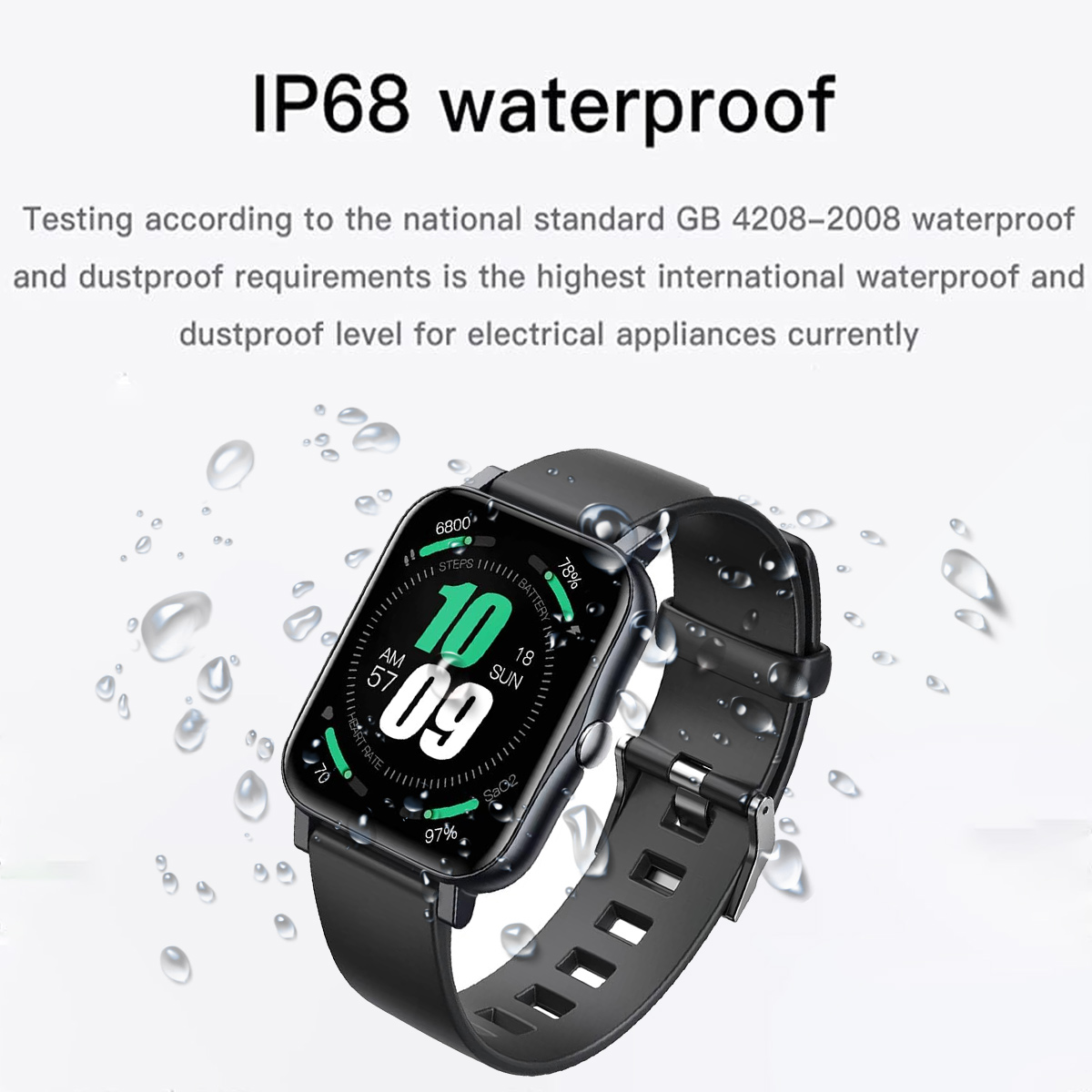 Schwarze Smartwatch am Handgelenk, mit Wassertropfen darum. Sie zeigt die Zeit und Statistiken an.