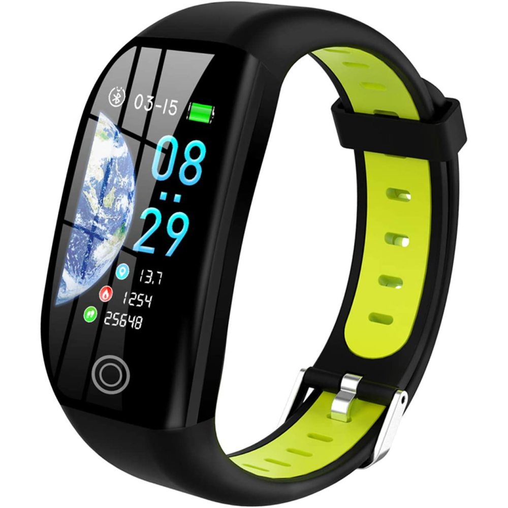 Schwarze Smartwatch mit grün-gelbem Armband, zeigt Zeit- und Fitnessdaten.