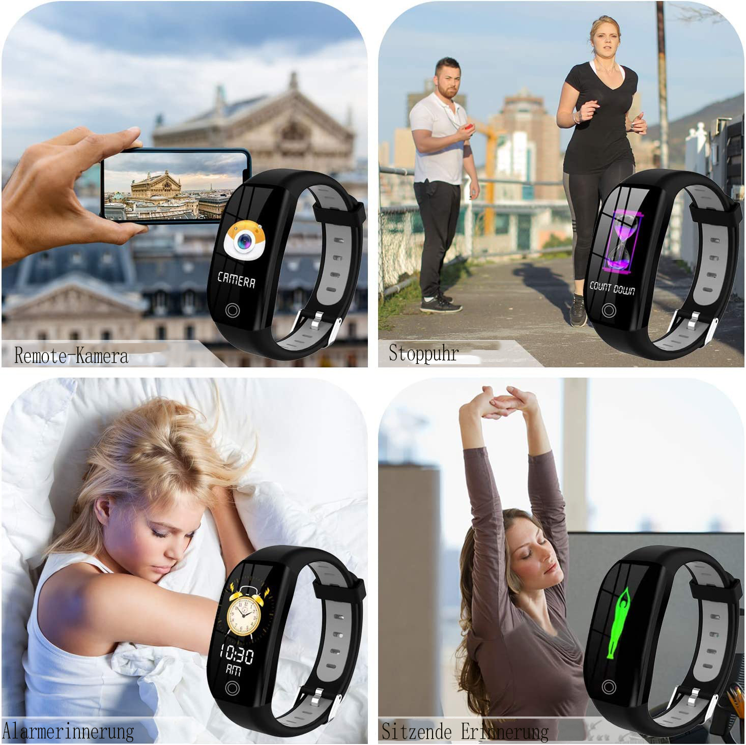 Bildcollage: Smartwatch-Funktionen, einschließlich Kamera, Stoppuhr, Alarm und Sitzerinnerung.