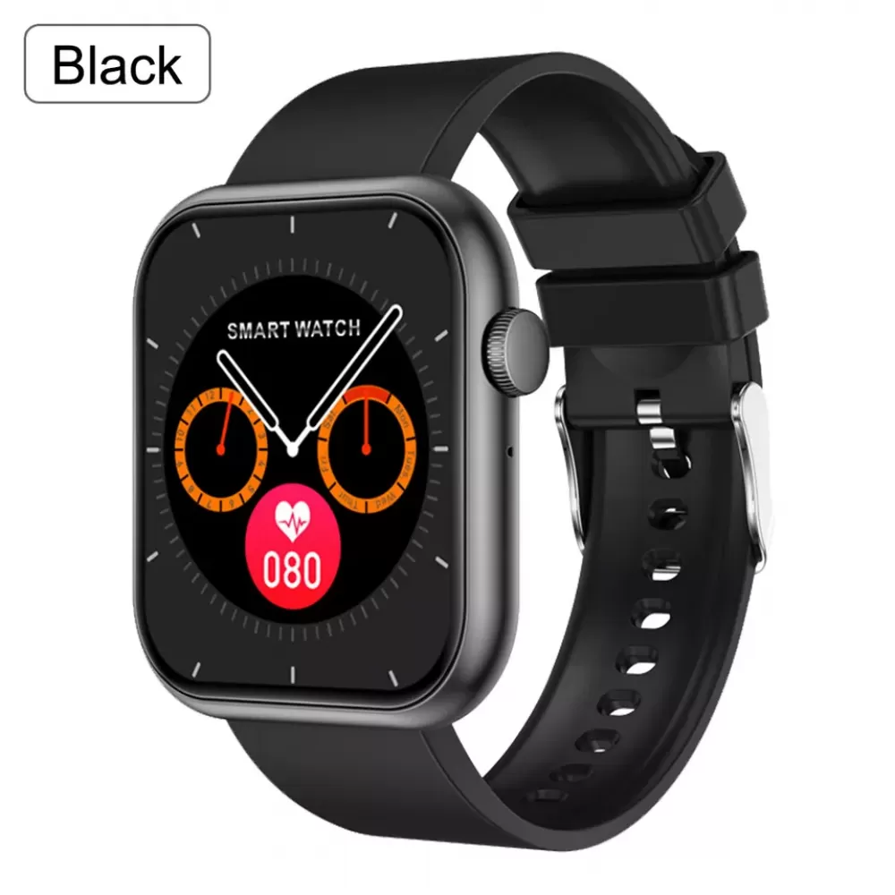 Schwarze Smartwatch mit schwarzem Band. Zeigt Zeit, Herzfrequenz und orange Kreise. Weißer Hintergrund.