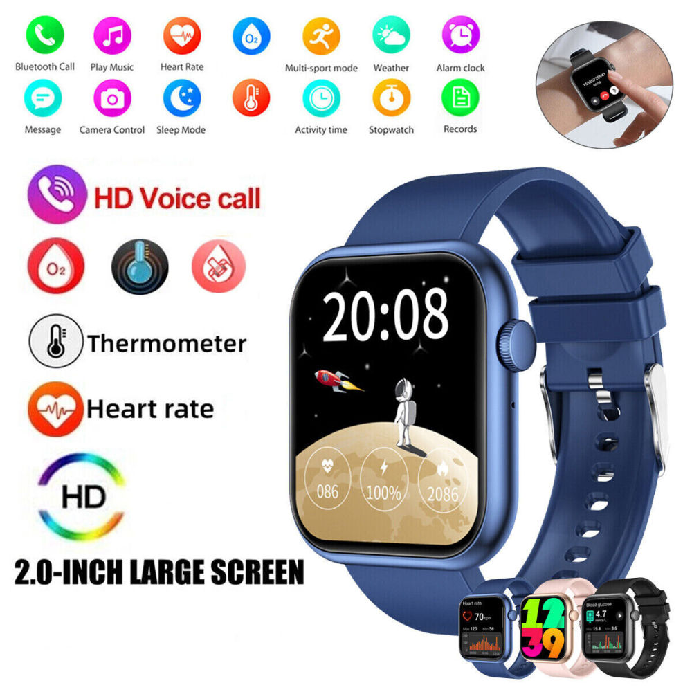 Blaue Smartwatch mit mehreren Symbolen und Zeitanzeige. Kleine Uhren zeigen verschiedene Armbandfarben.