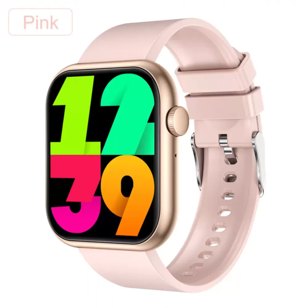 Rosa Smartwatch mit Zeitanzeige. Rosa Armband und goldfarbener Rahmen. Weißer Hintergrund.