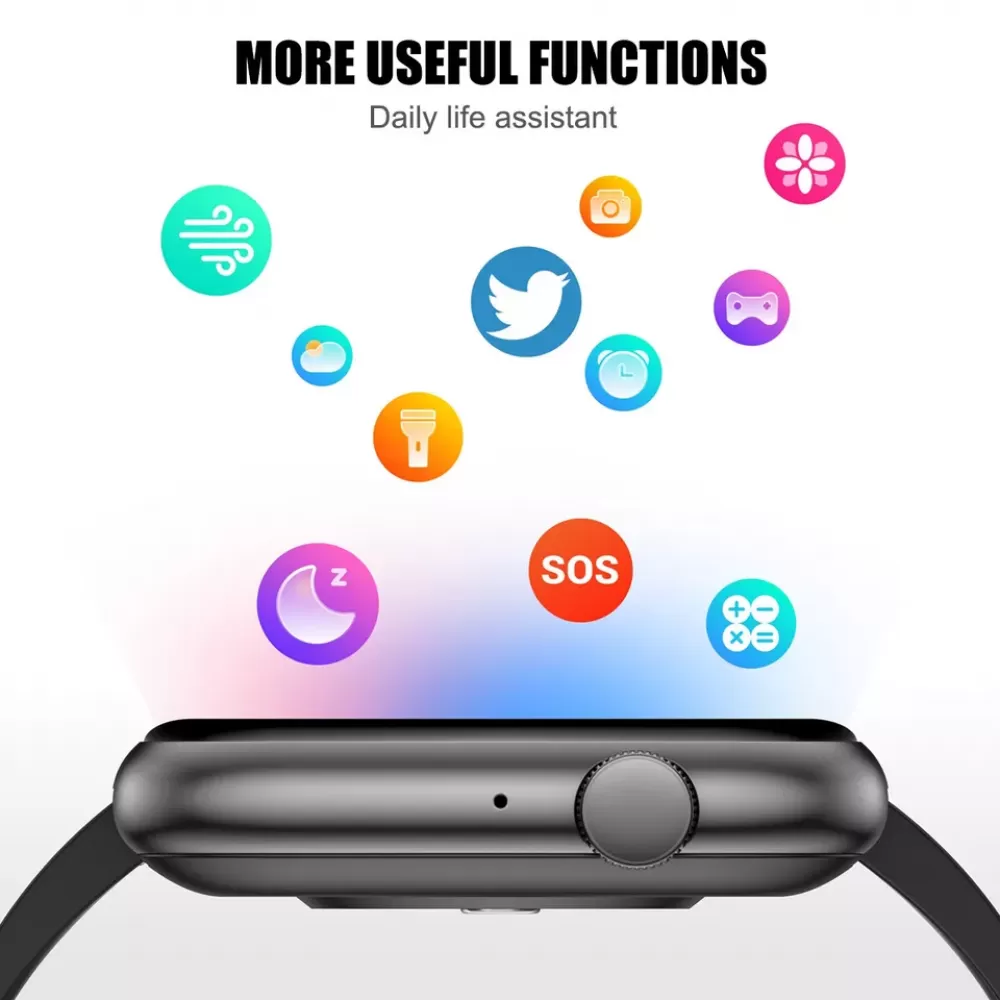 Smartwatch mit Symbolen für Wetter, Kamera, Twitter, Wecker, Taschenlampe, Mond, SOS und Taschenrechner.