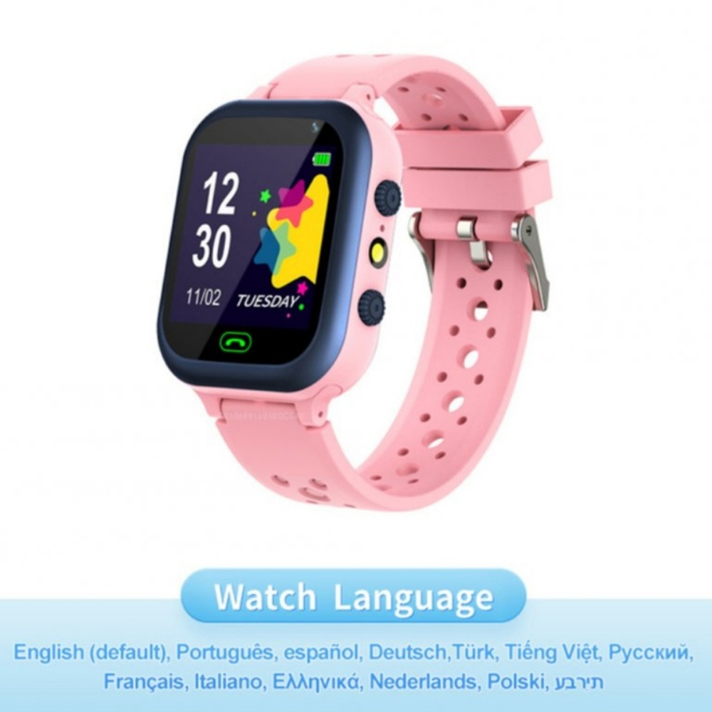 Pinke Smartwatch mit pinkfarbenem Armband, zeigt die Uhrzeit, mehrere Sprachen.