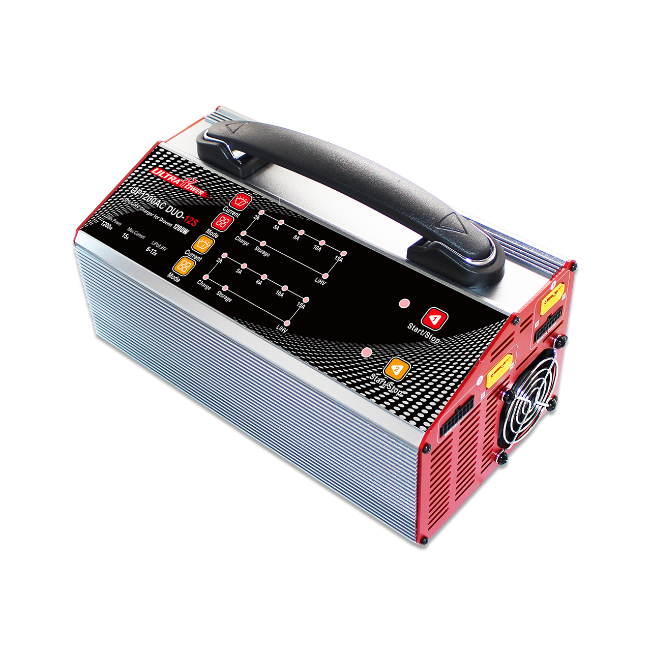 Batterieladegerät. Rotes und silbernes Gerät mit Griff und mehreren Ladeanschlüssen und Anzeigen.