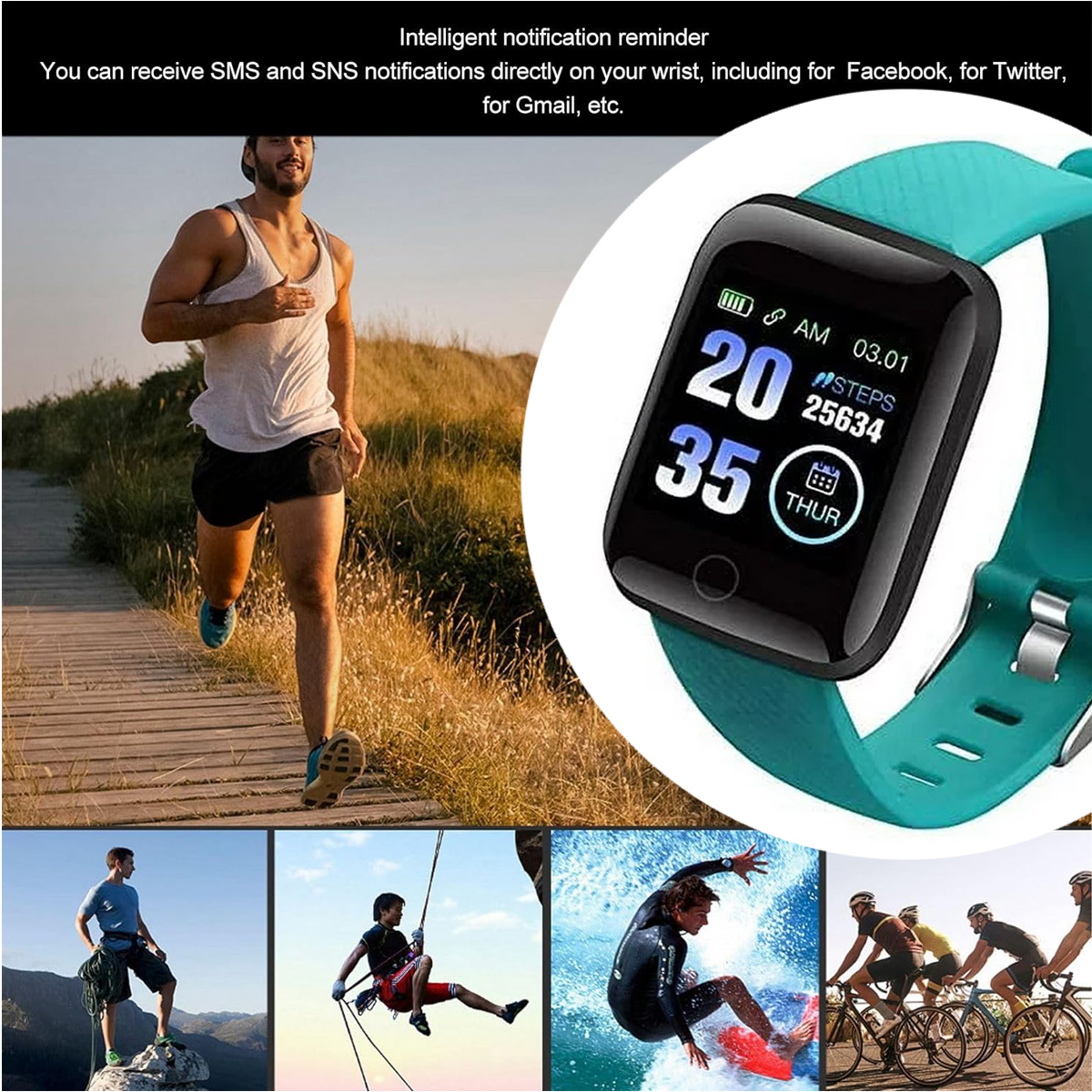 Smartwatch mit Zeit und Schritten. Mann beim Laufen und andere Aktivitäten als Beispiele.