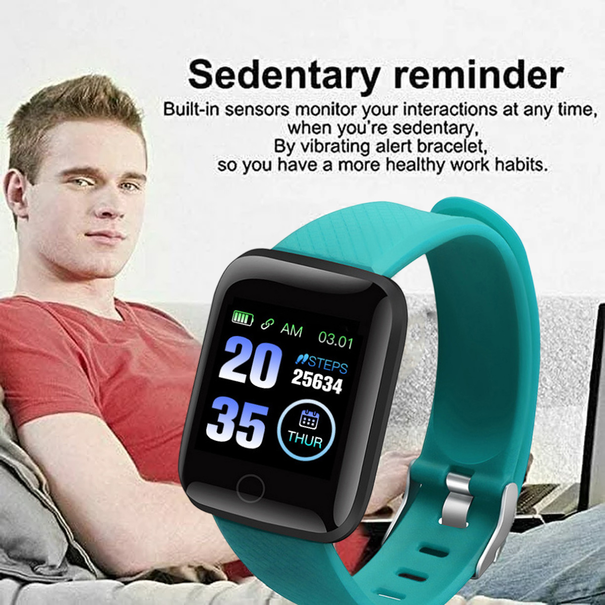 Ein Mann mit einer Uhr, die Zeit und Schritte zeigt, erinnert an Inaktivität.