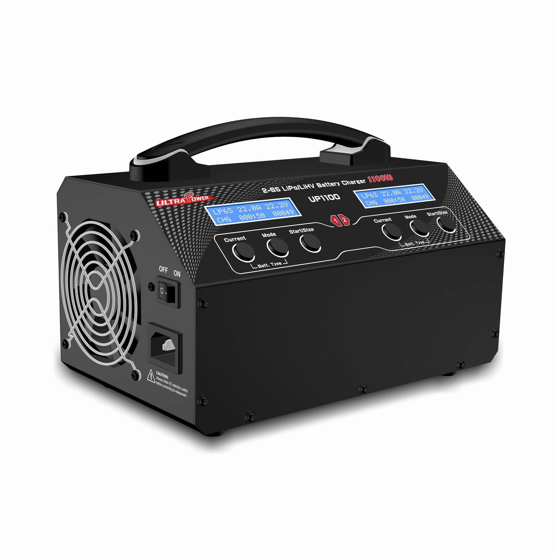 Schwarzes Batterieladegerät mit Bildschirm und Lüfter. Mehrere Knöpfe. Weißer Hintergrund.