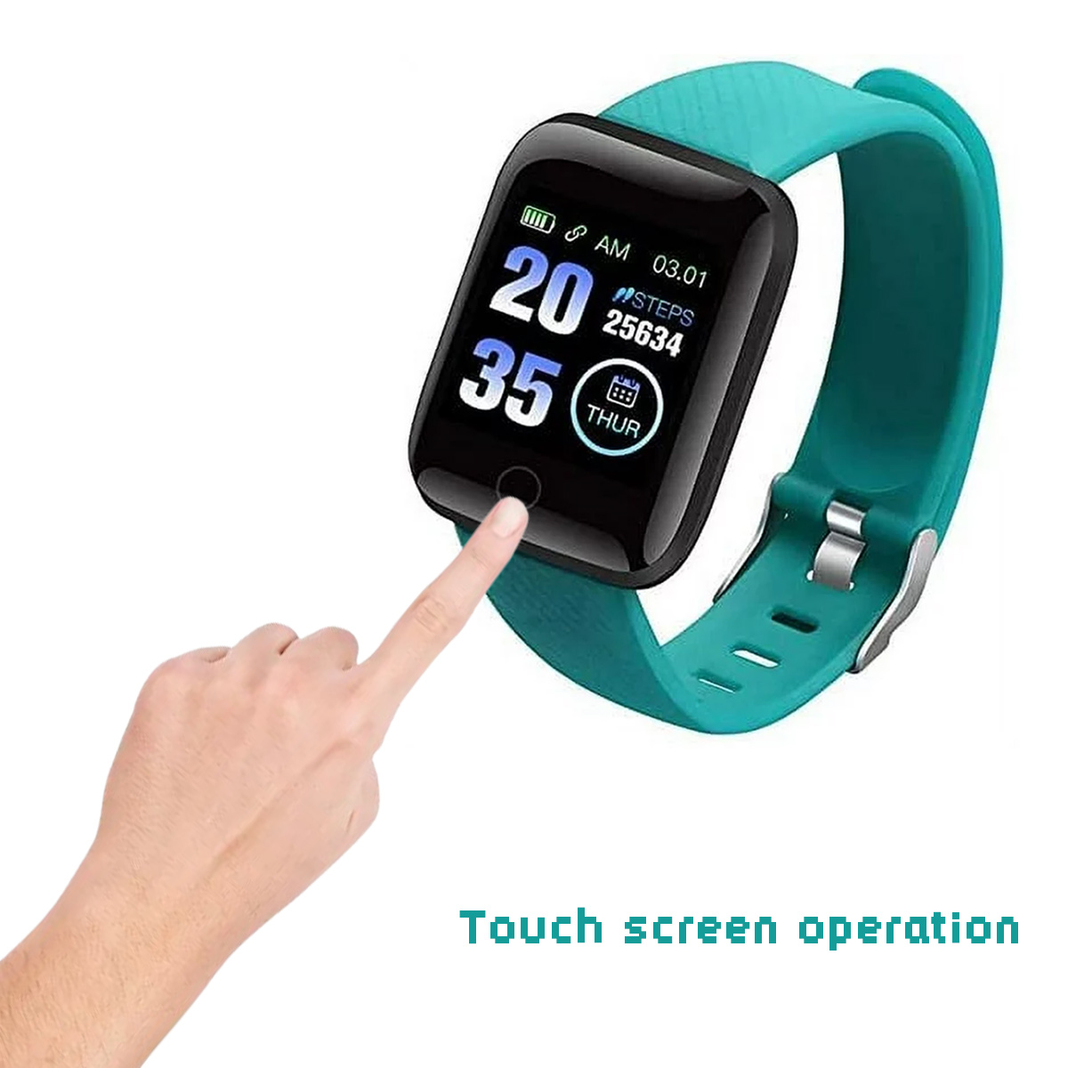Eine Hand berührt einen Smartwatch-Bildschirm. Der Bildschirm zeigt Zeit, Datum und Schritte an.