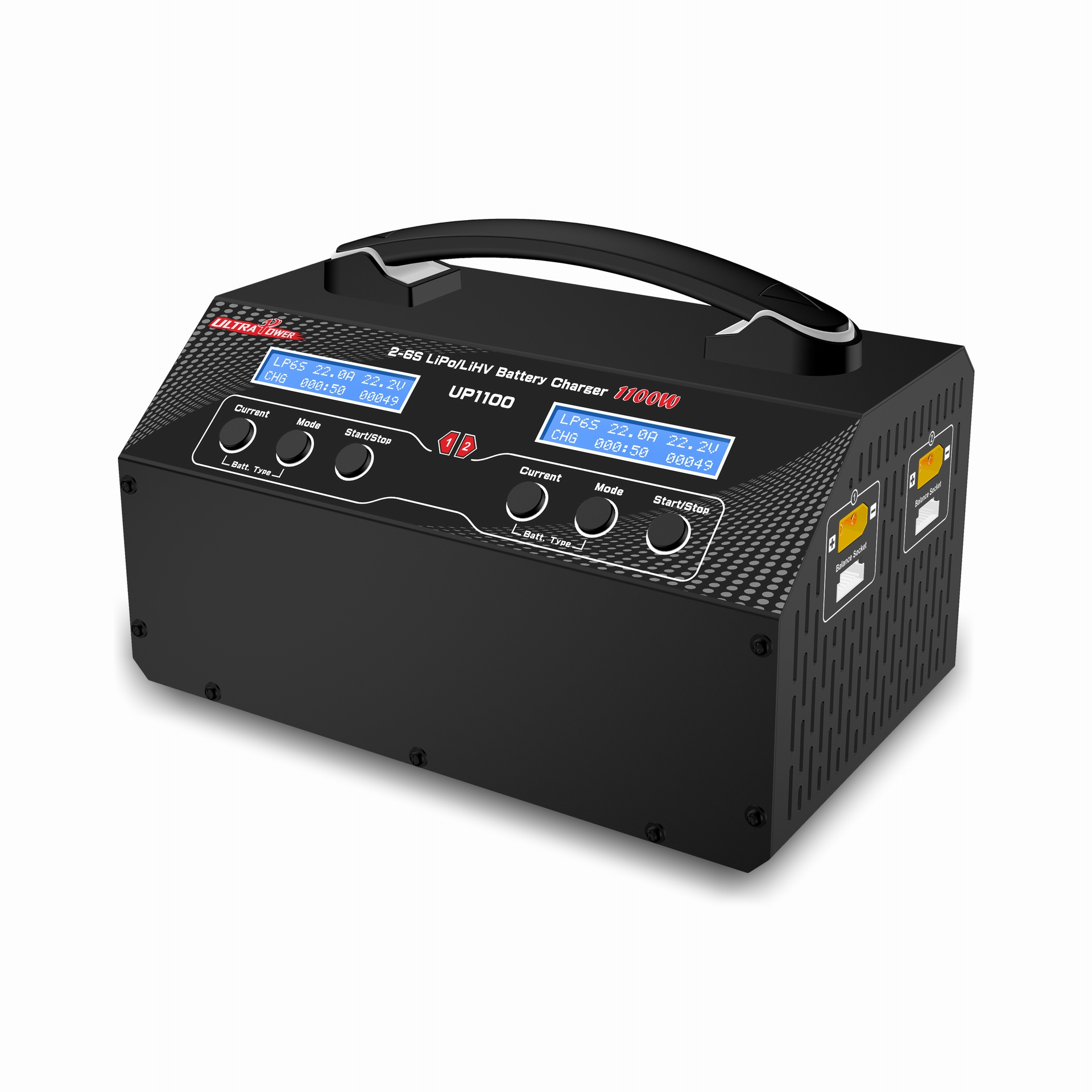 Ein schwarzes Batterieladegerät mit digitalen Bildschirmen und Knöpfen. Es hat einen Griff und mehrere Ladeanschlüsse.
