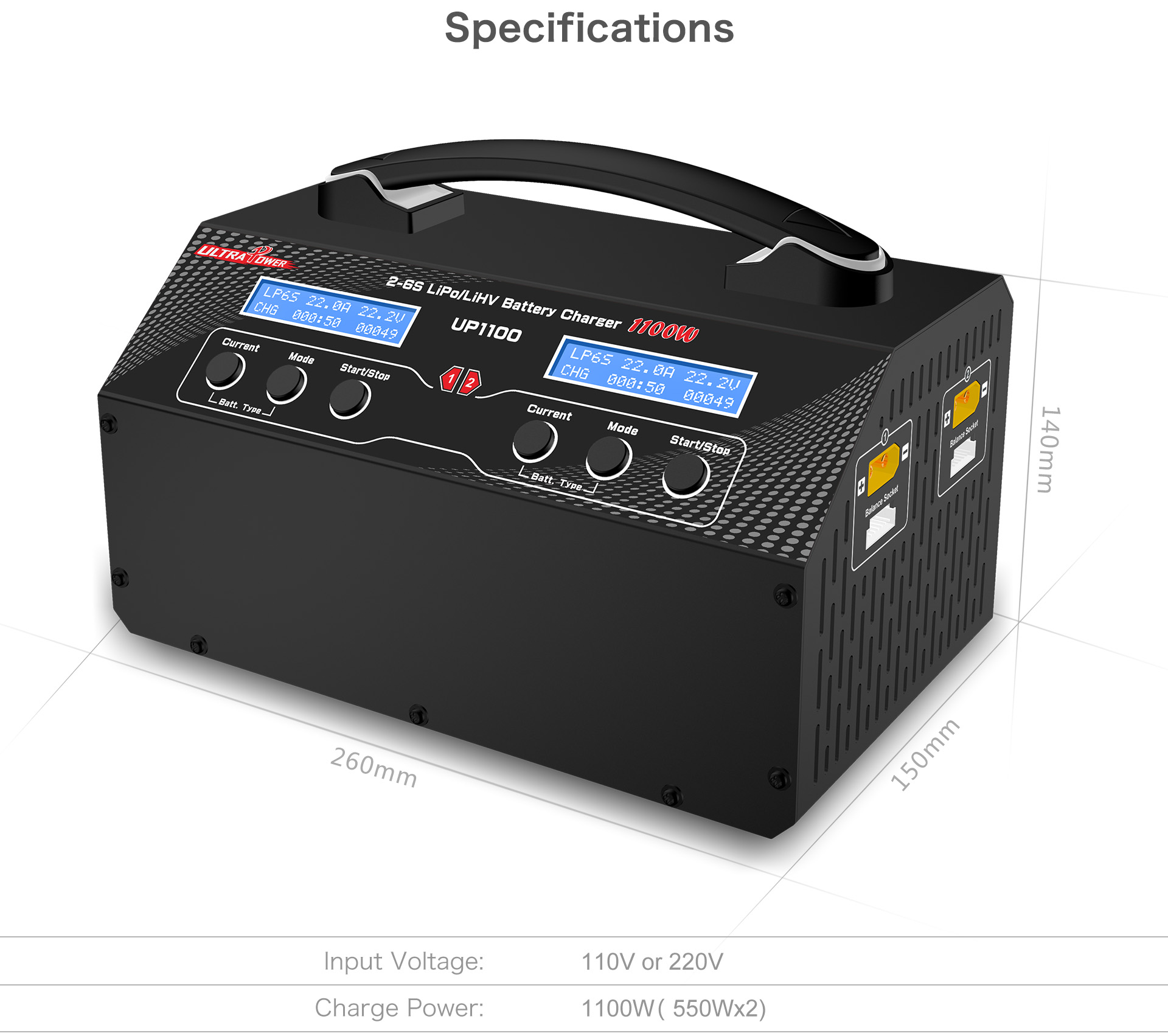 Schwarzes Batterieladegerät mit Display und Messungen.