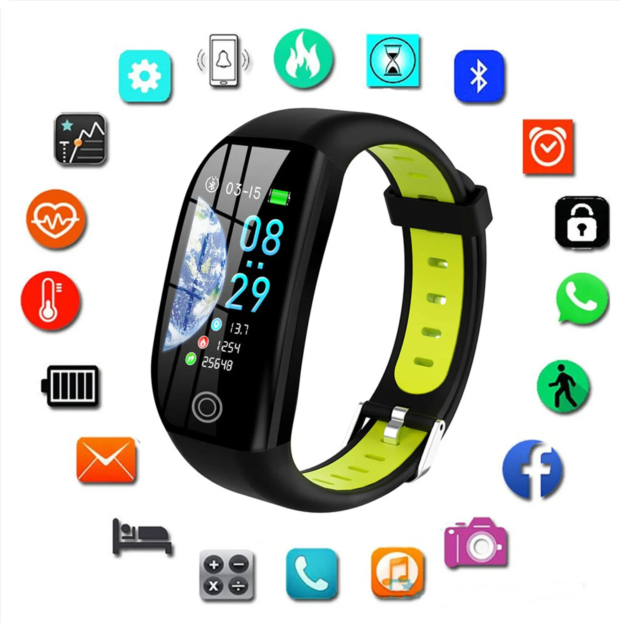 Smartwatch mit grünem Armband und verschiedenen App-Symbolen um das Display.