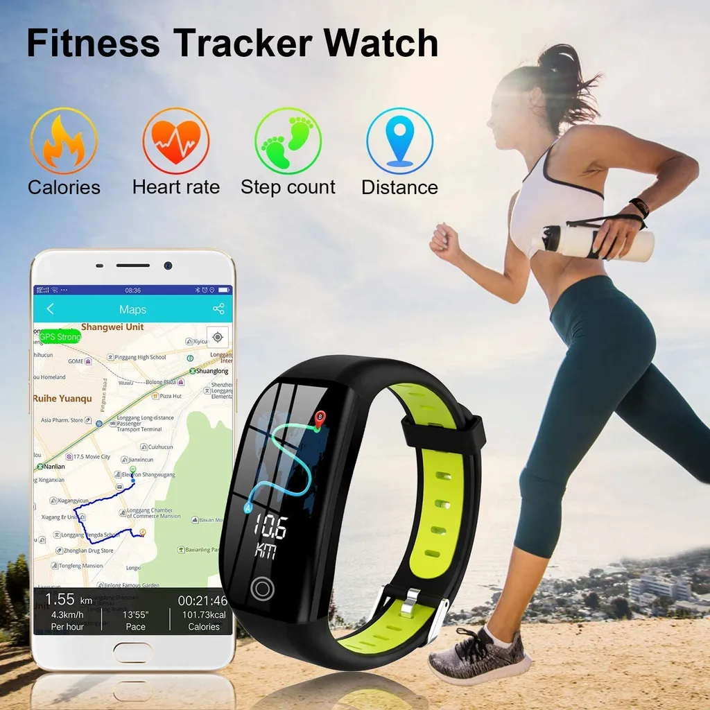 Fitness-Tracker-Uhr mit Statistiken auf dem Telefon. Frau läuft. Weißer Hintergrund.
