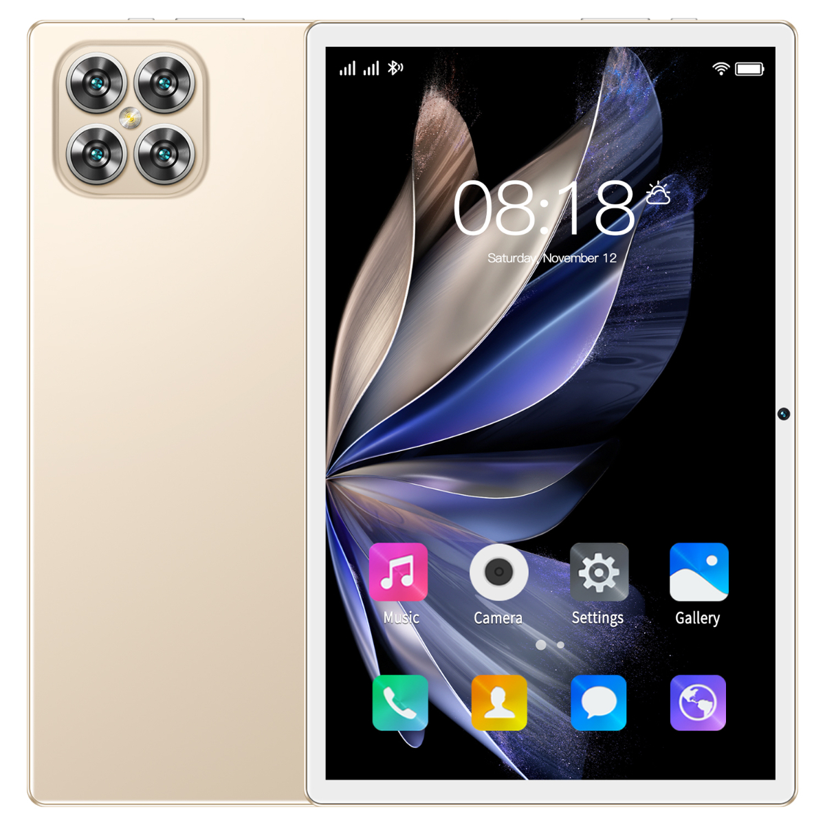 Goldenes Tablet, das ein farbenfrohes digitales Design mit Apps, Uhrzeit und Datum zeigt.
