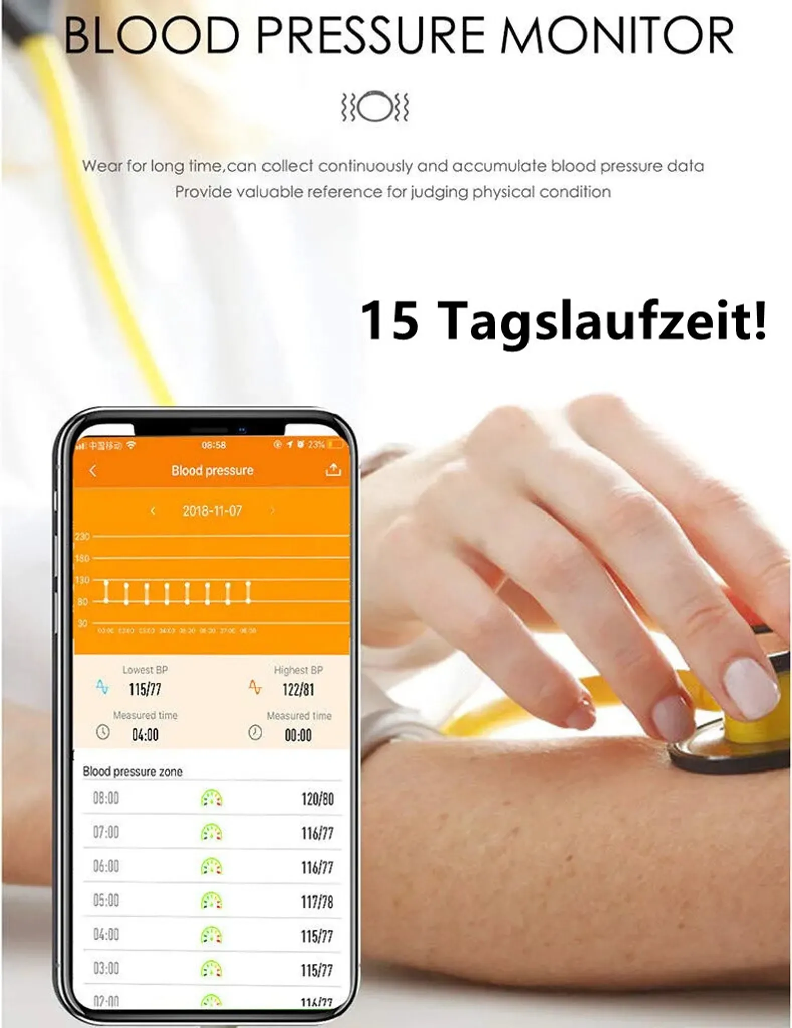 Smartphone-Bildschirm mit Blutdruckmesswerten und einer Person mit Manschette.