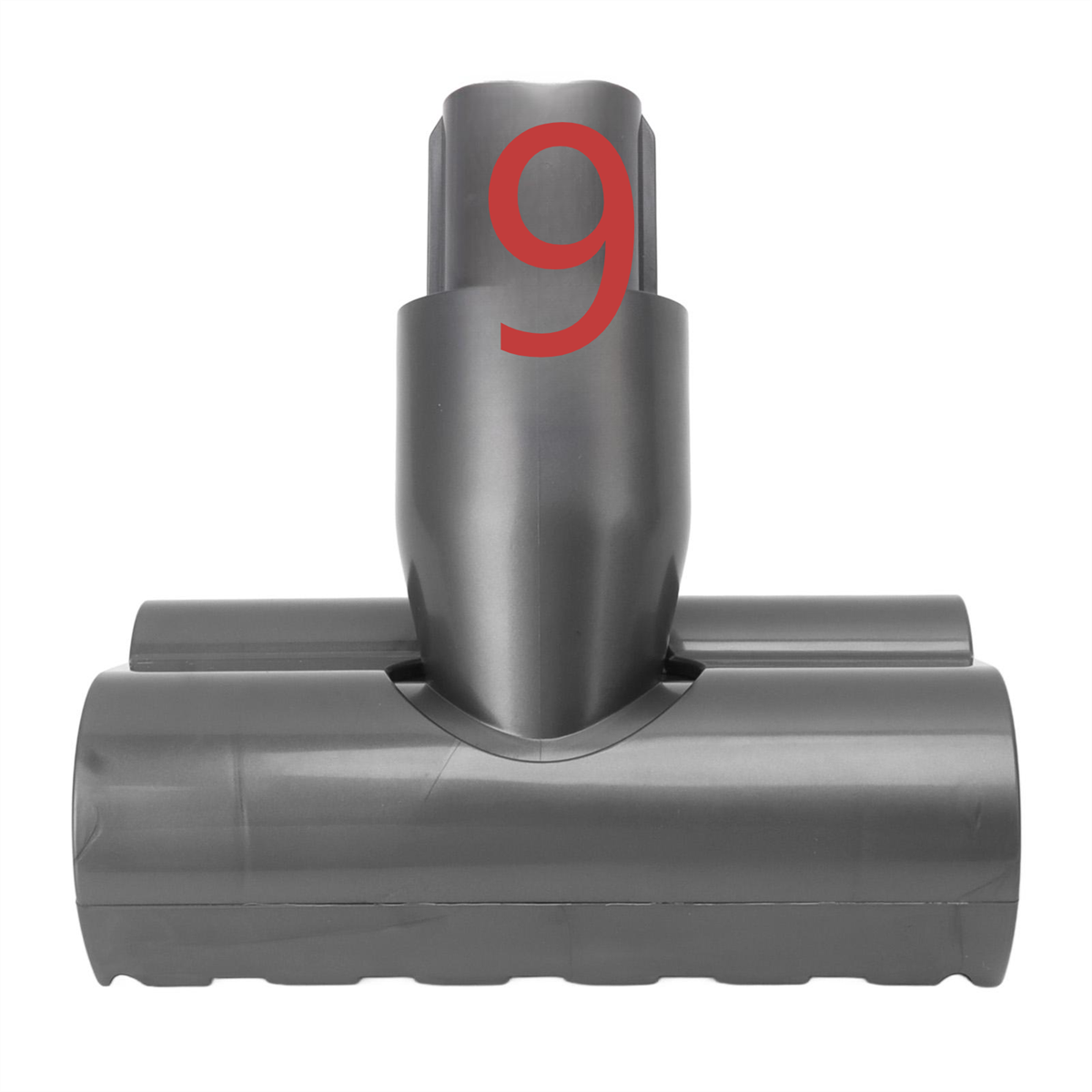 Ein grauer Staubsaugerkopf mit der Zahl 9 in Rot oben.