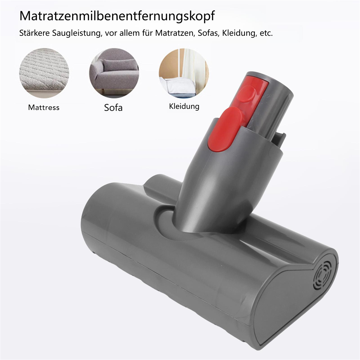 Grauer Staubsaugerkopf mit rotem Knopf und Bildern von Matratze, Sofa und Kleidung.