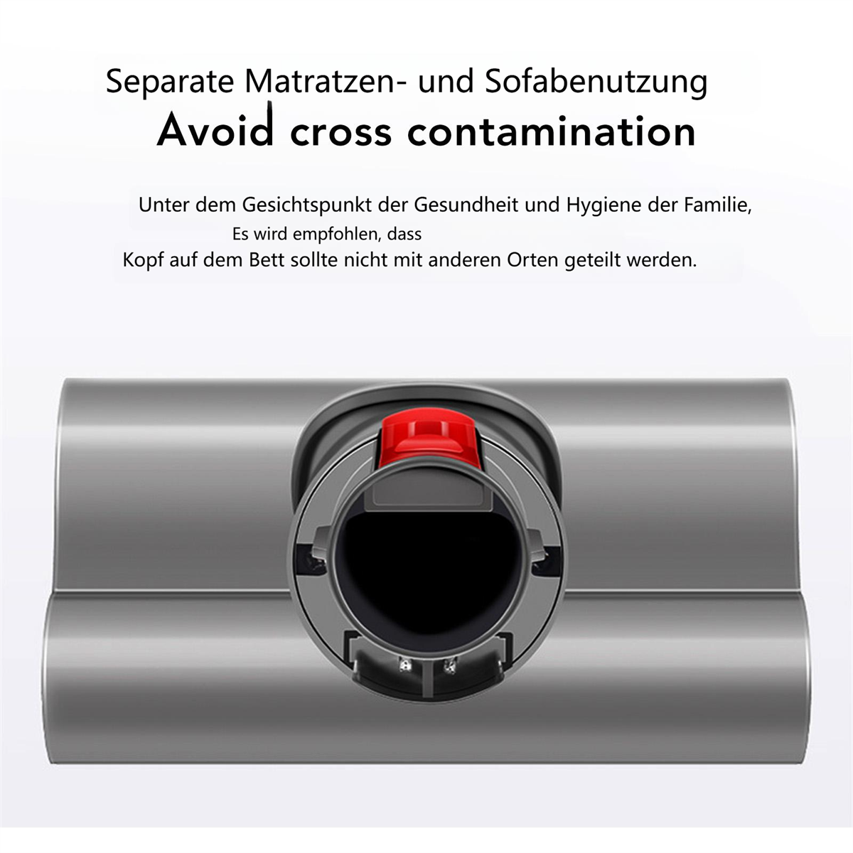 Nahaufnahme eines Staubsaugeraufsatzes mit roter Taste.