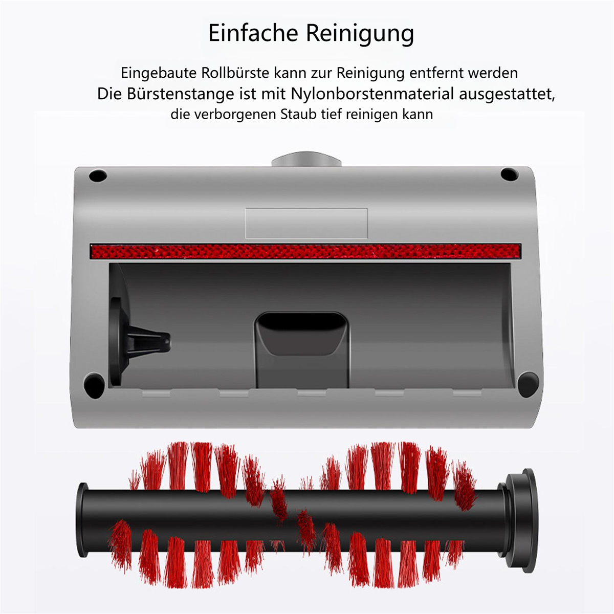 Zerlegter Staubsaugerkopf mit Bürste und Innenteilen. Text auf Deutsch: Einfache Reinigung.