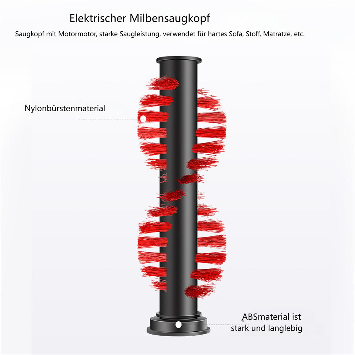Elektrischer Milbensaugkopf mit roten Bürsten und schwarzem Körper. Weißer Hintergrund.