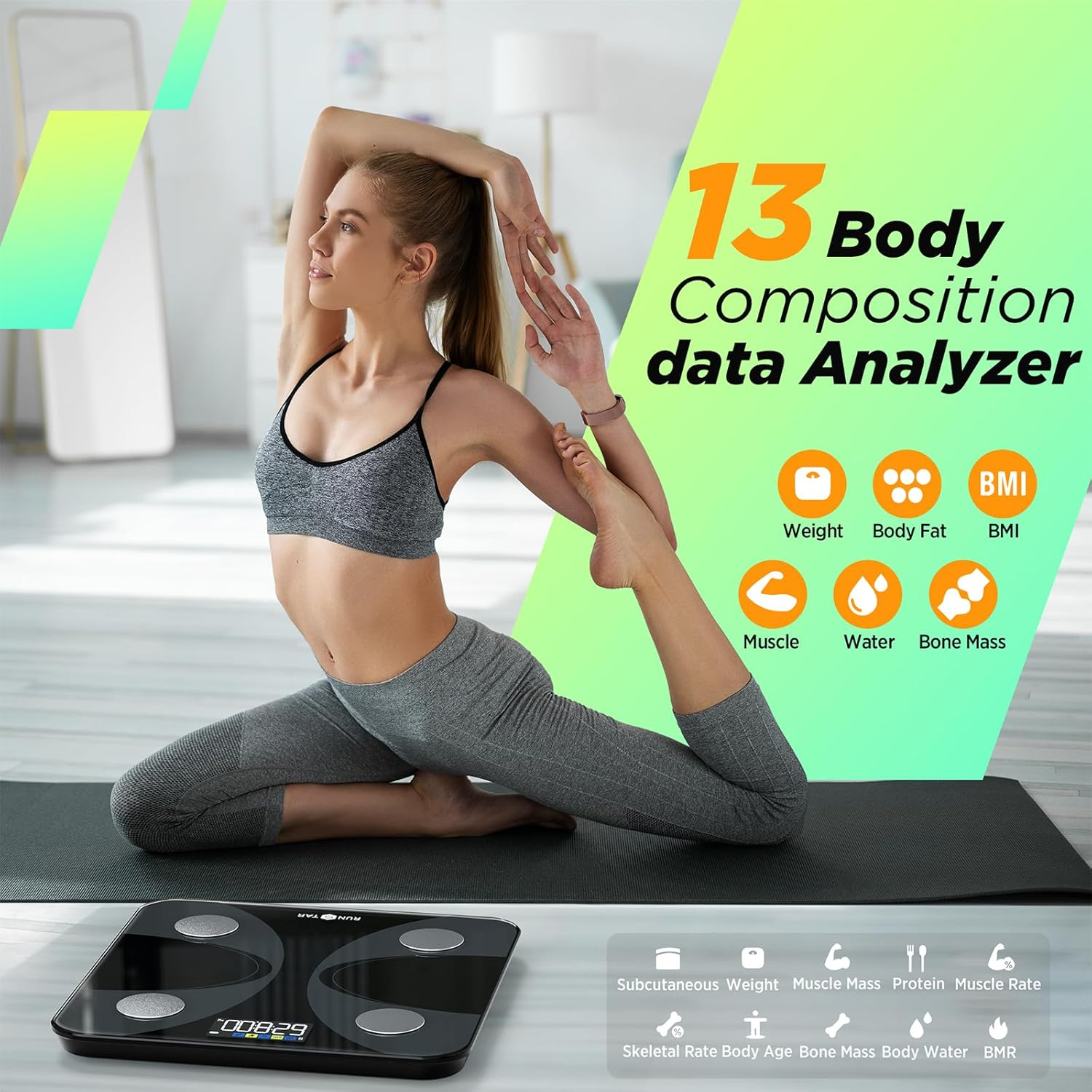 Frau in Sportkleidung auf Waage, Datenanalyse und Körperzusammensetzung-Icons.