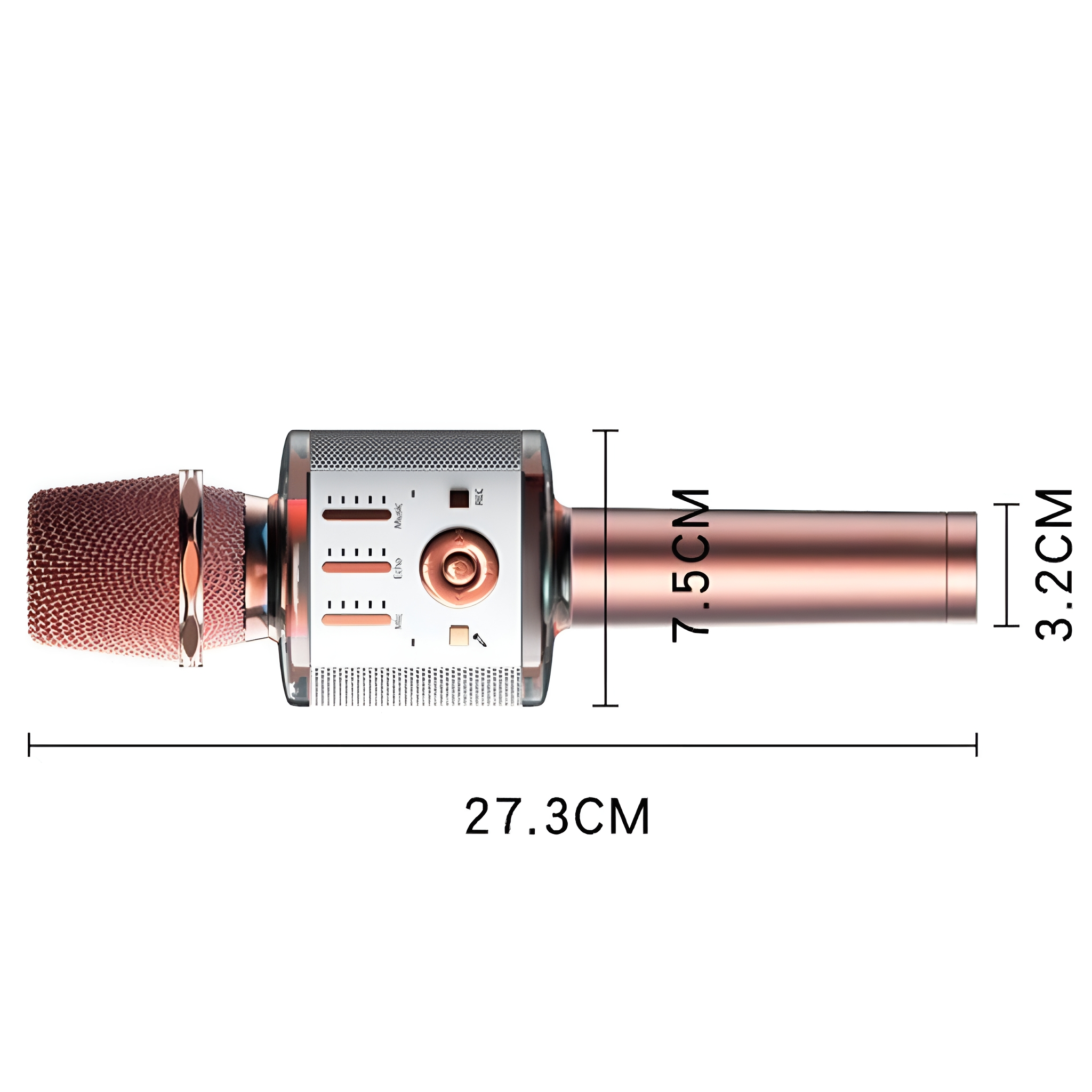 Roségoldenes Mikrofon mit Bedienelementen und Maßen, 27,3 cm lang.