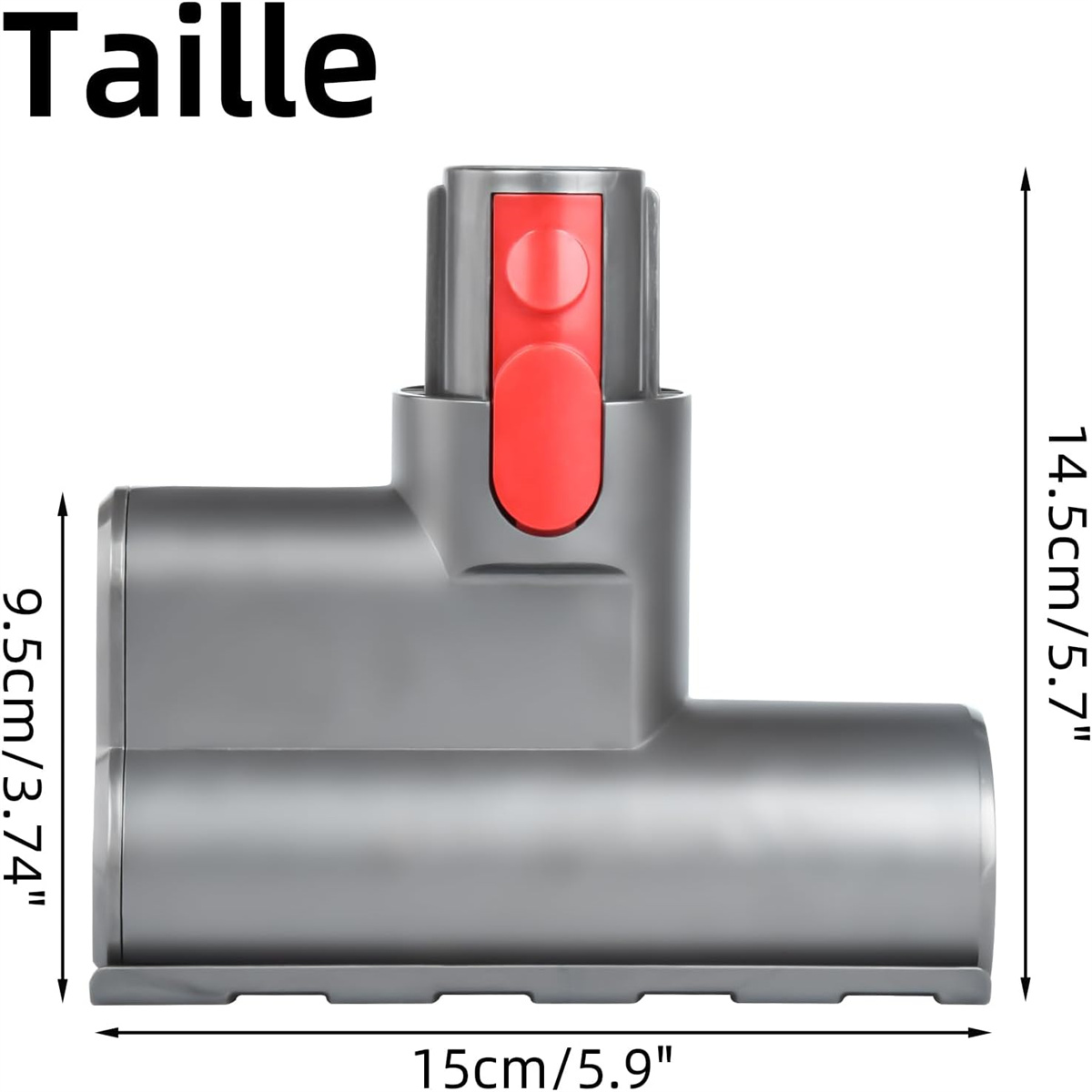 Grauer Staubsaugerkopf mit roter Taste. Abmessungen: 15cm/5.9" x 9.5cm/3.74" x 14.5cm/5.7".