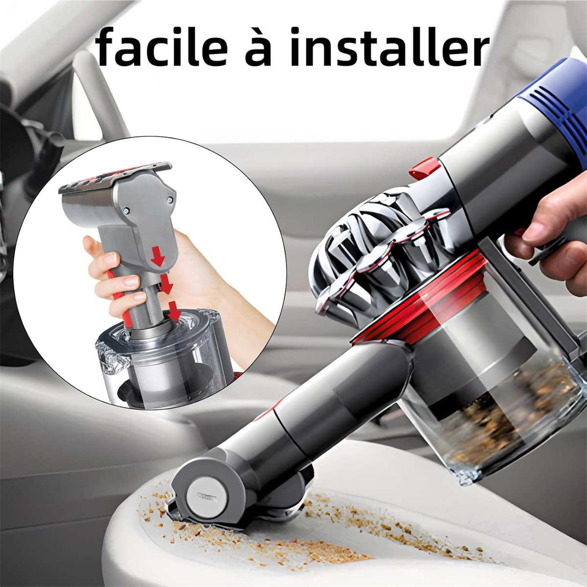 Eine Person montiert einen Staubsauger; der Text „facile à installer“ steht darüber.
