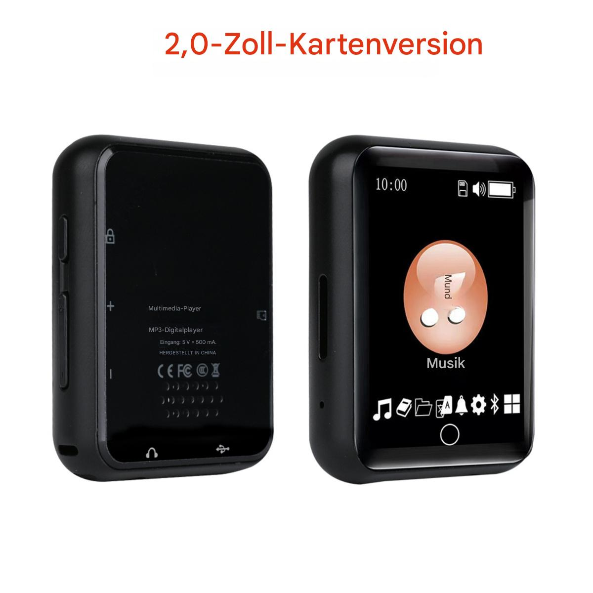 Zwei schwarze MP3-Player, einer mit Musik-Oberfläche, einer mit Rückwand.