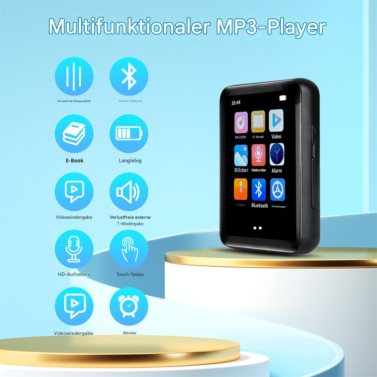 Multifunktionaler MP3-Player mit Symbolen für Musik, Video und andere Funktionen. Schwarzes Gerät.