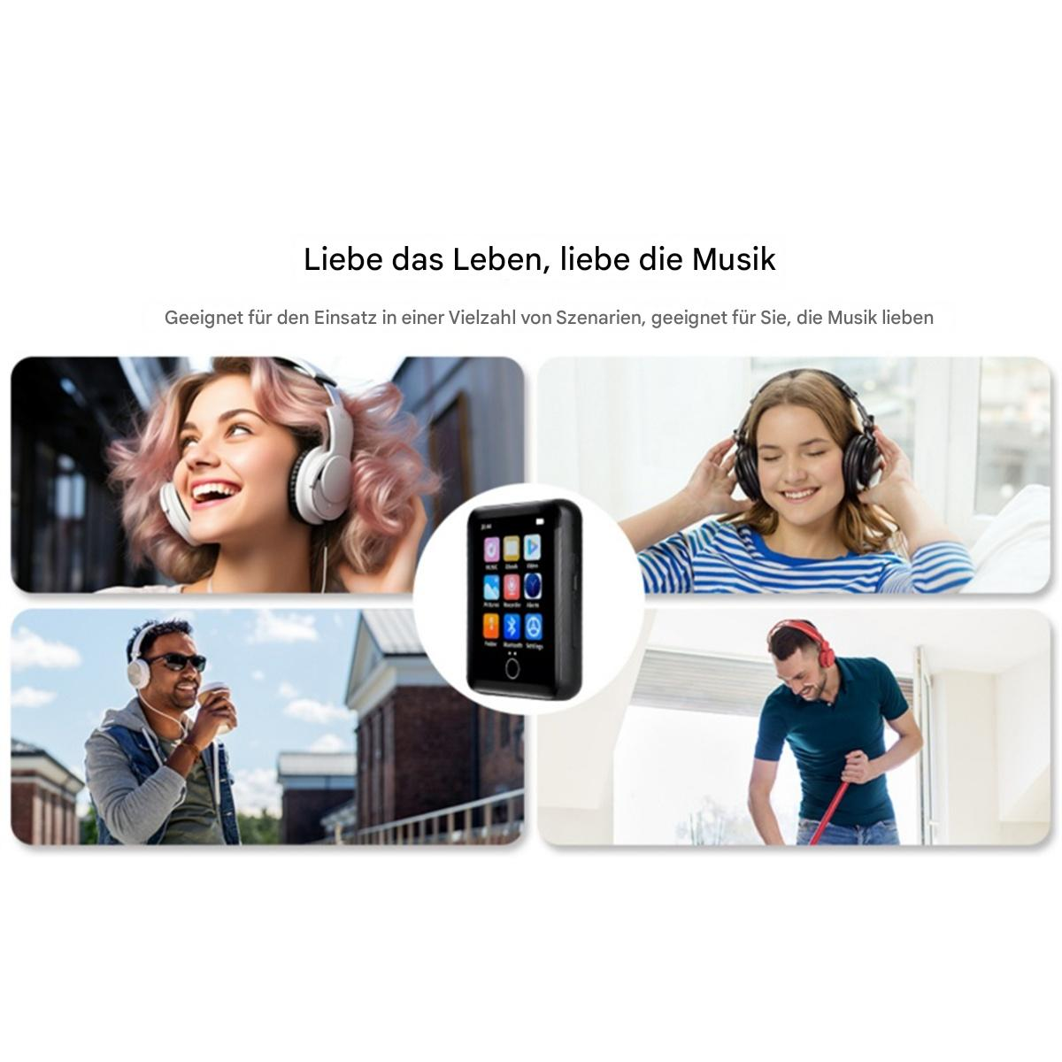 Vier Bilder von Menschen mit Kopfhörern. Ein Gerät befindet sich in der Mitte. Text: Liebe das Leben, liebe die Musik.