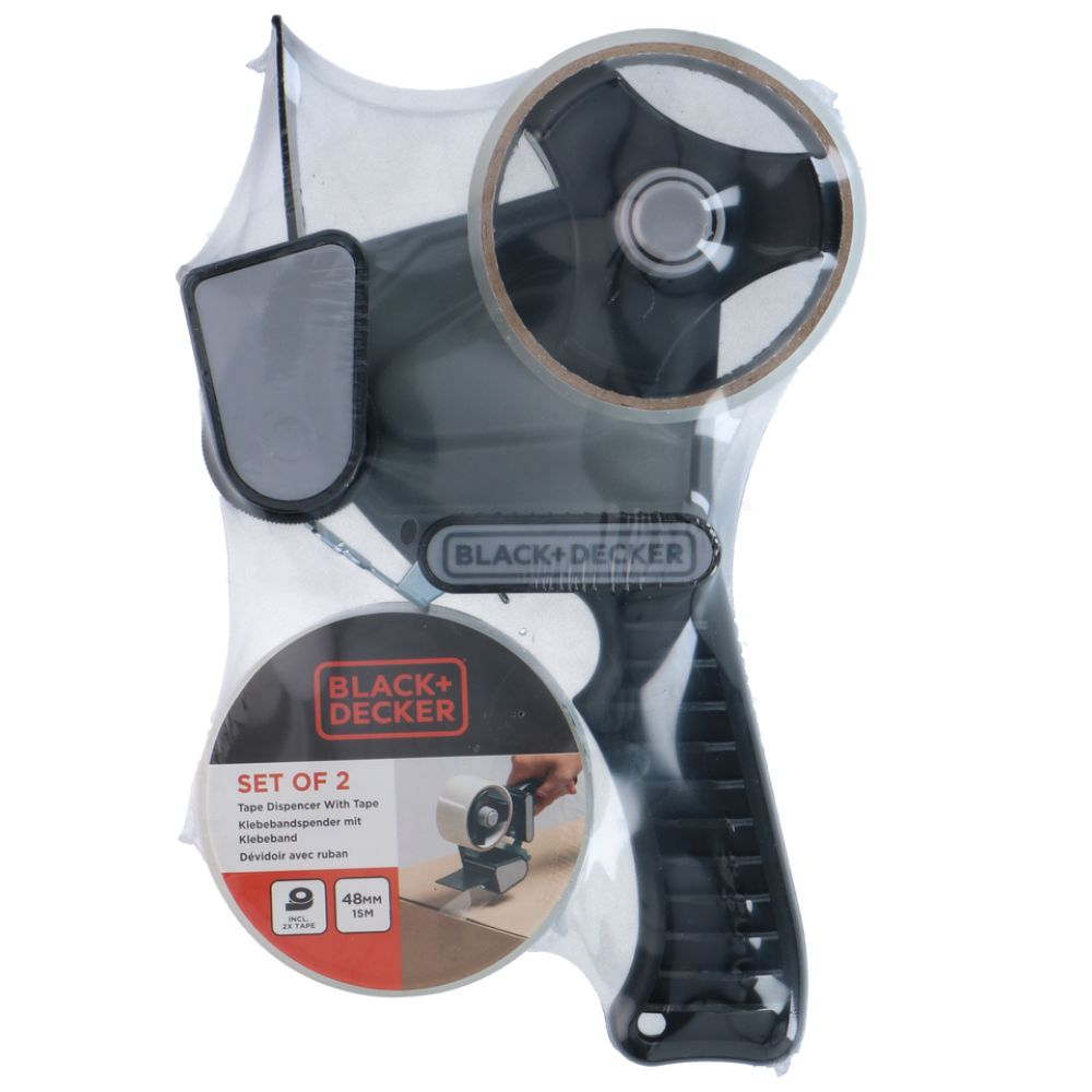 Black+Decker tape dispenser met tape. Verpakking toont gebruik.