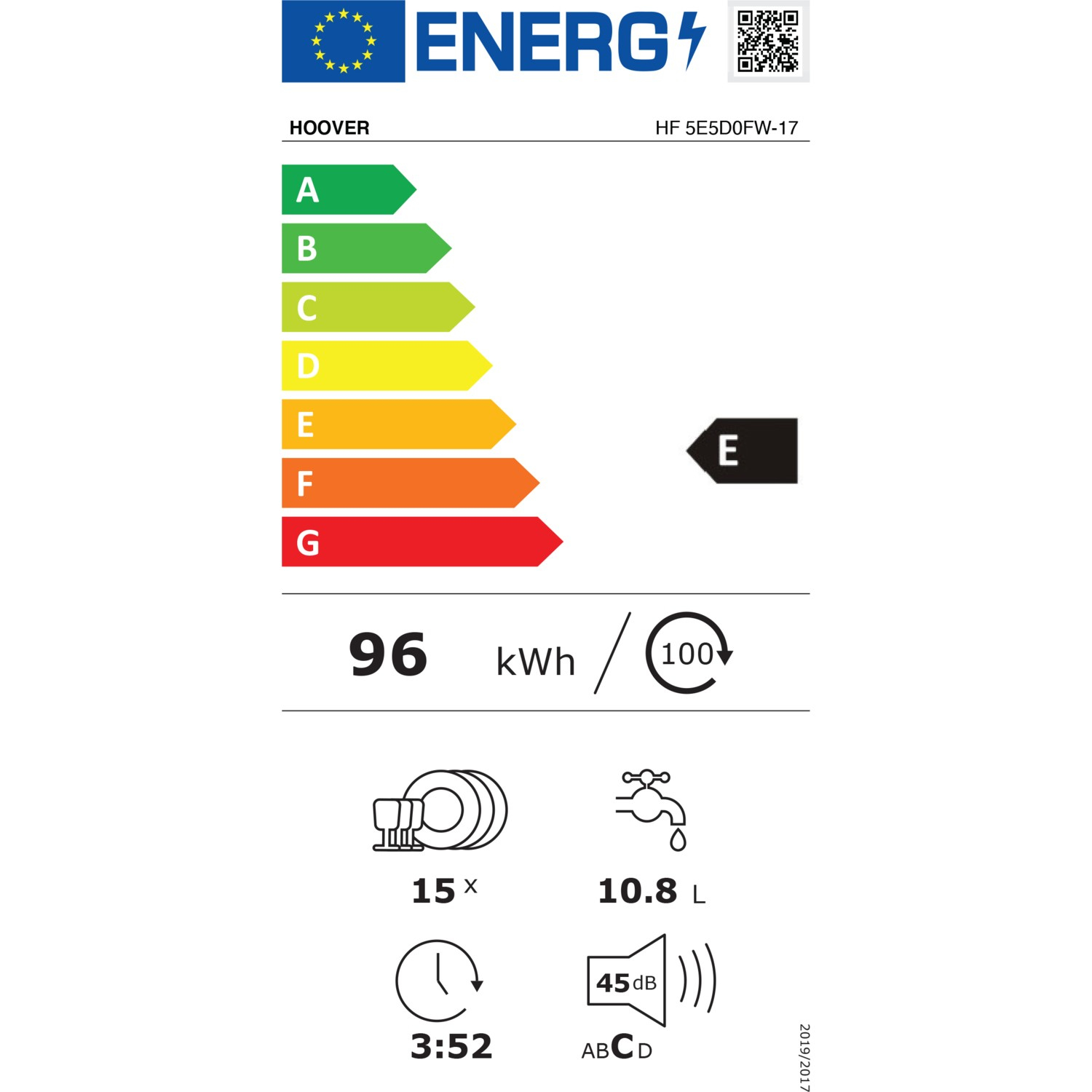 Hoover bulaşık makinesi için enerji etiketi.