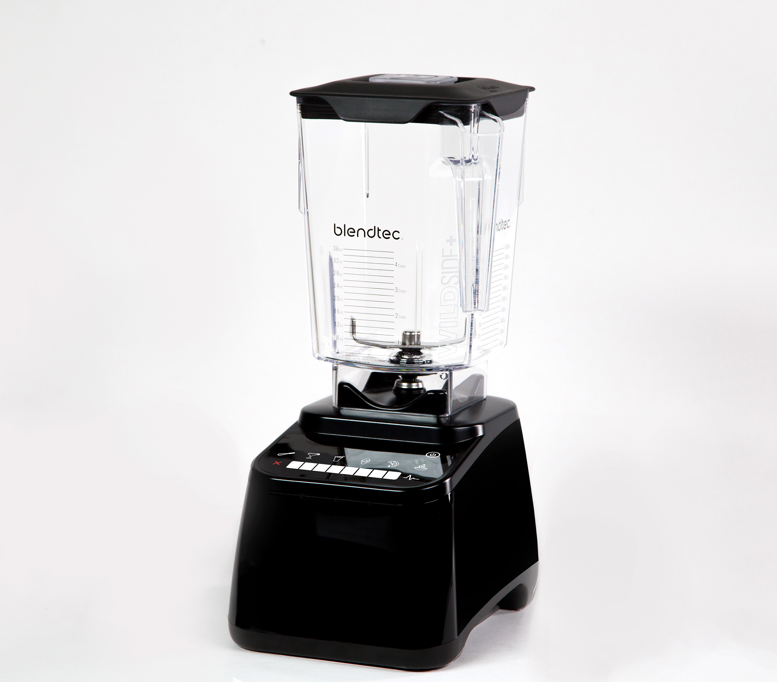 Frullatore Blendtec nero con boccale trasparente e base nera.