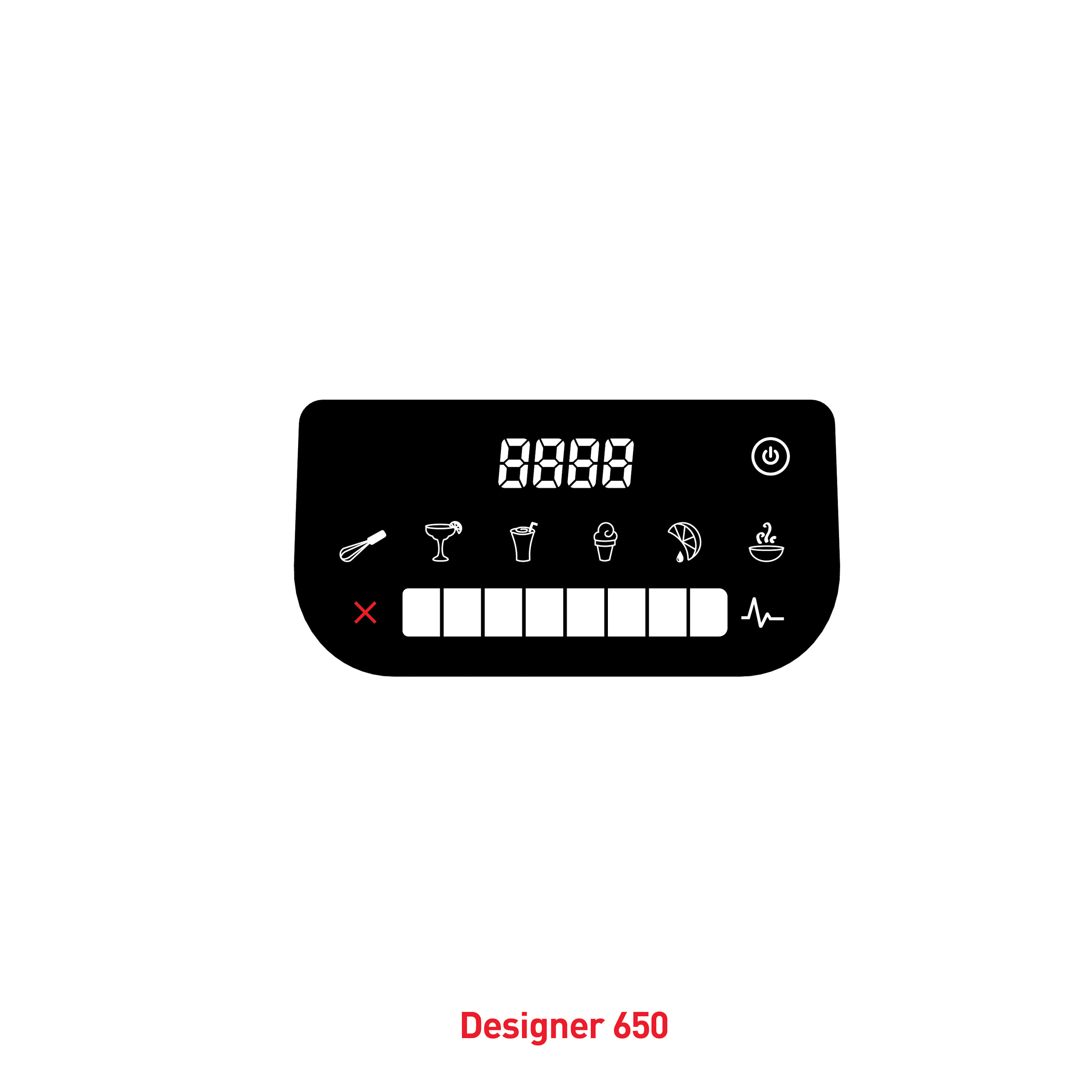Pannello di controllo nero con icone e display. Testo: Designer 650.