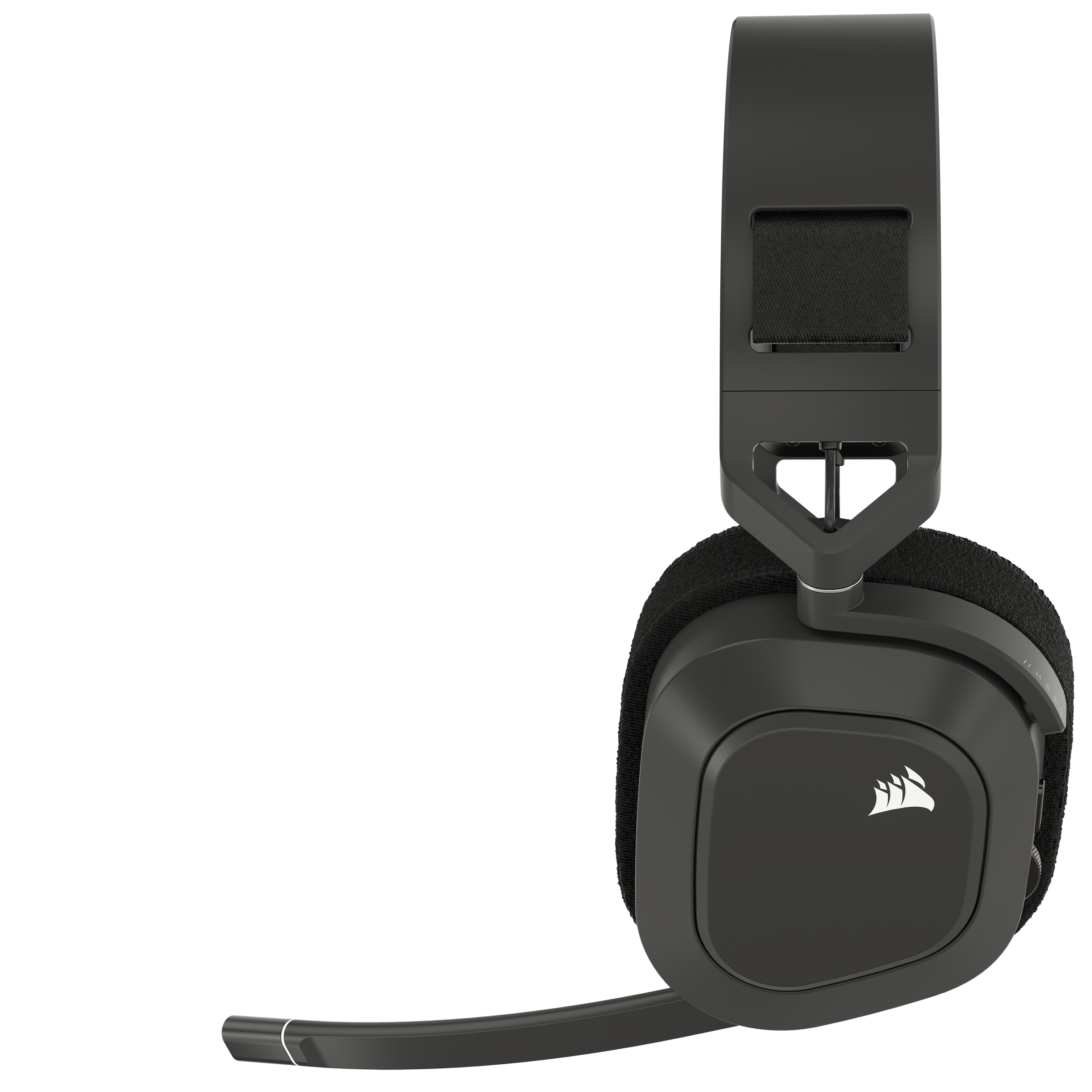 Czarne słuchawki gamingowe z mikrofonem i logo Corsair na nauszniku, na czarnym tle.